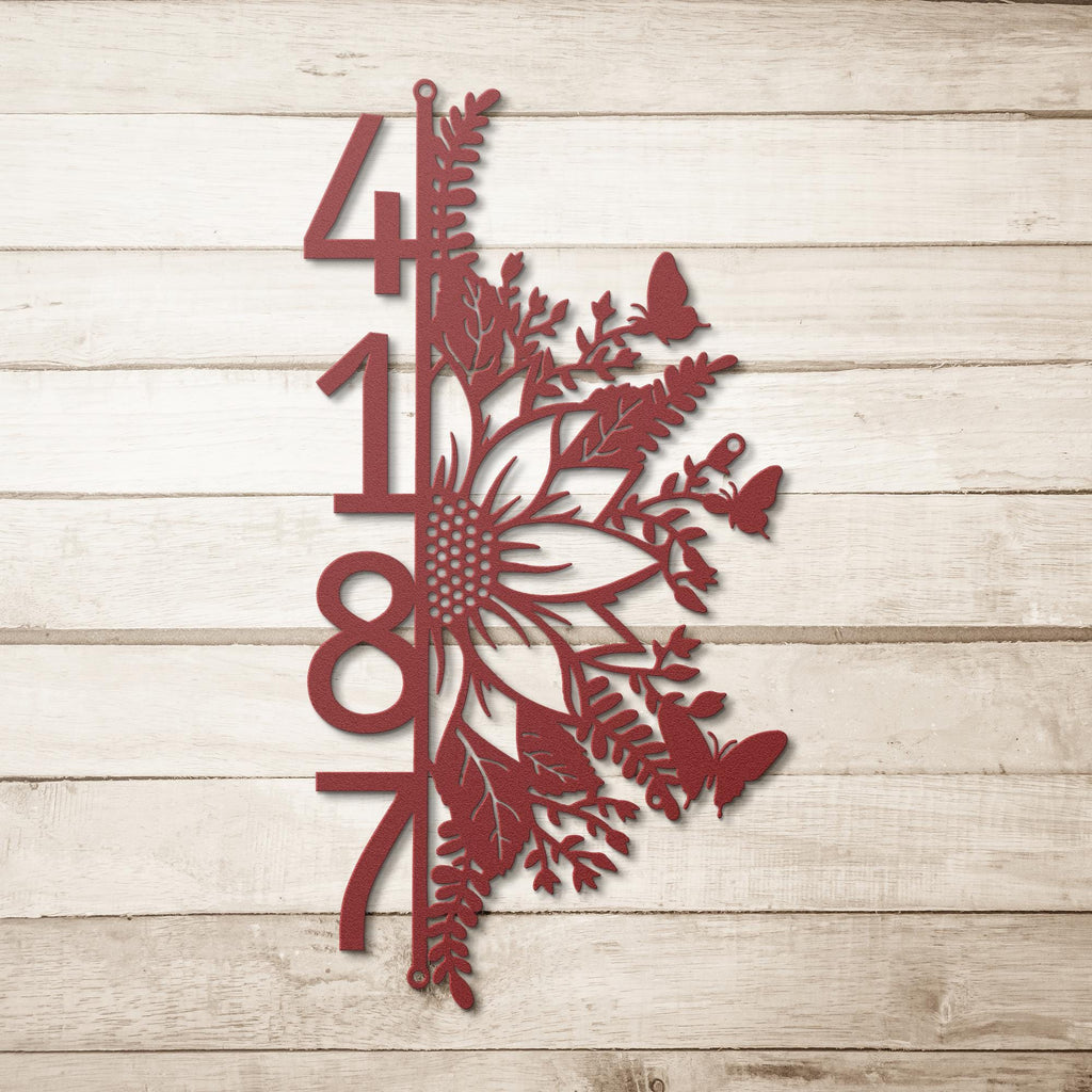 Vertical Sunflower Metal Address Sign, Custom House Numbers, Floral Plaque