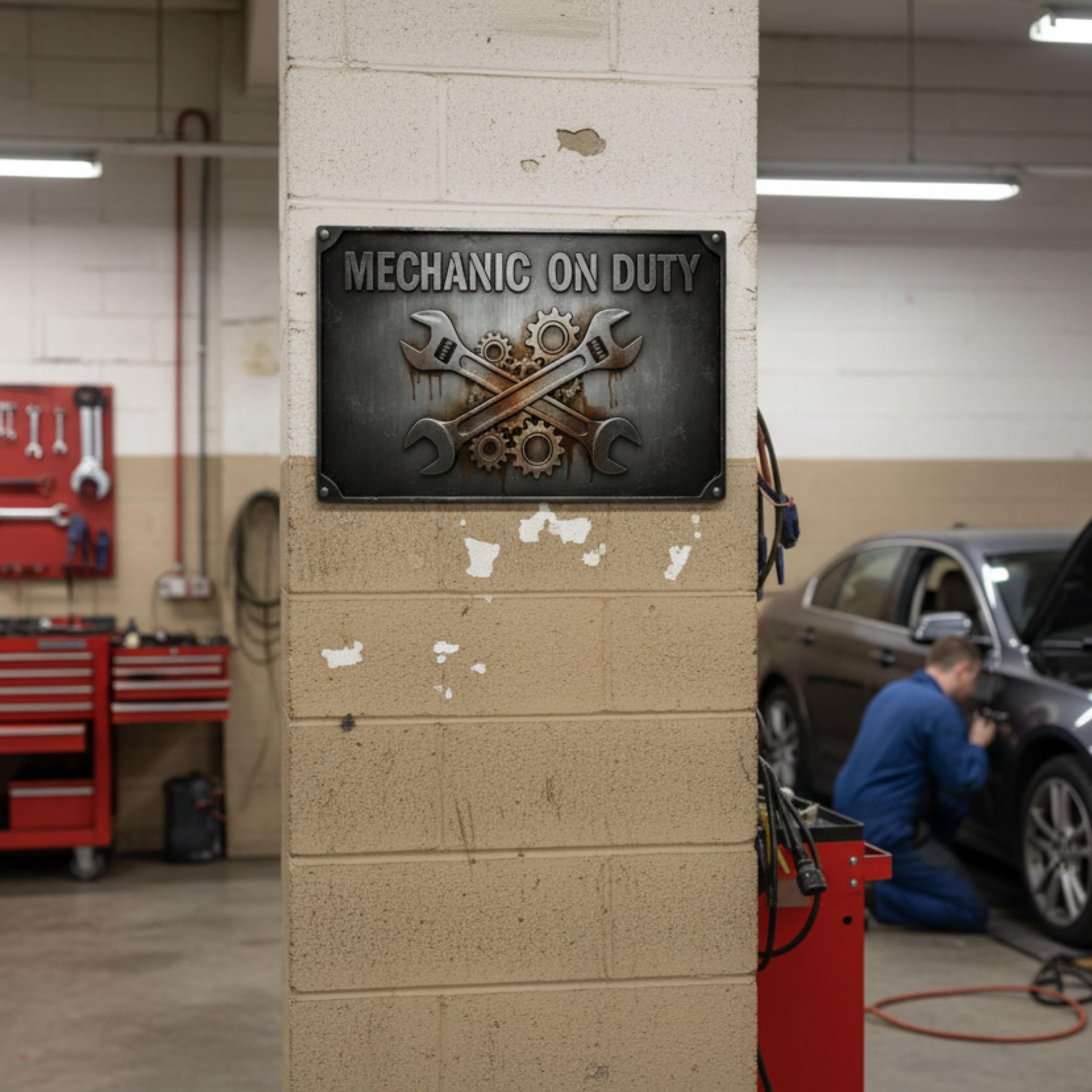 Mechanic On Duty Sign - Vintage Garage Wall Decor | Custom Metal Workshop Art