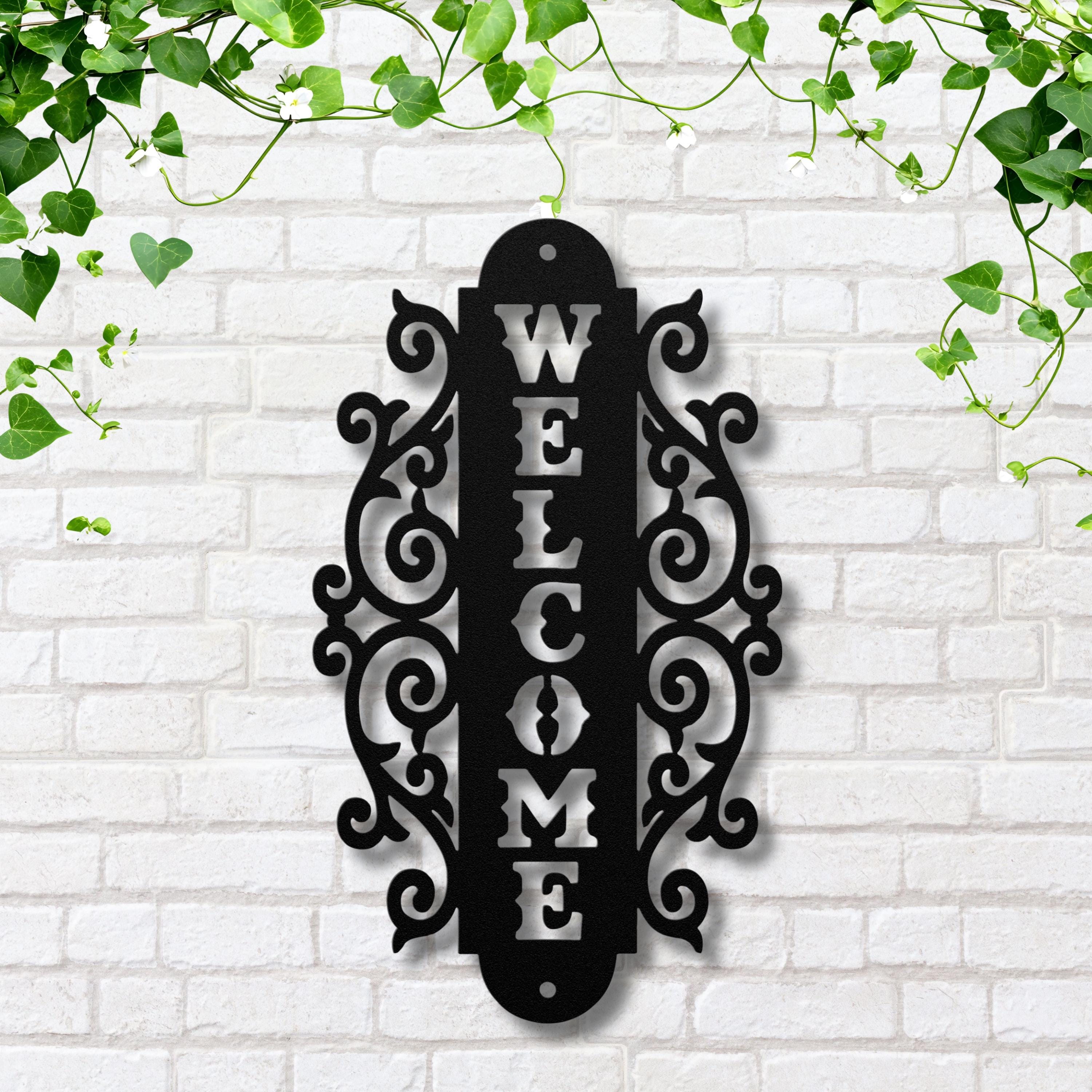 Vertical Welcome Metal Sign, Ornate Scroll Door Decor, Elegant Front Porch Wall Art