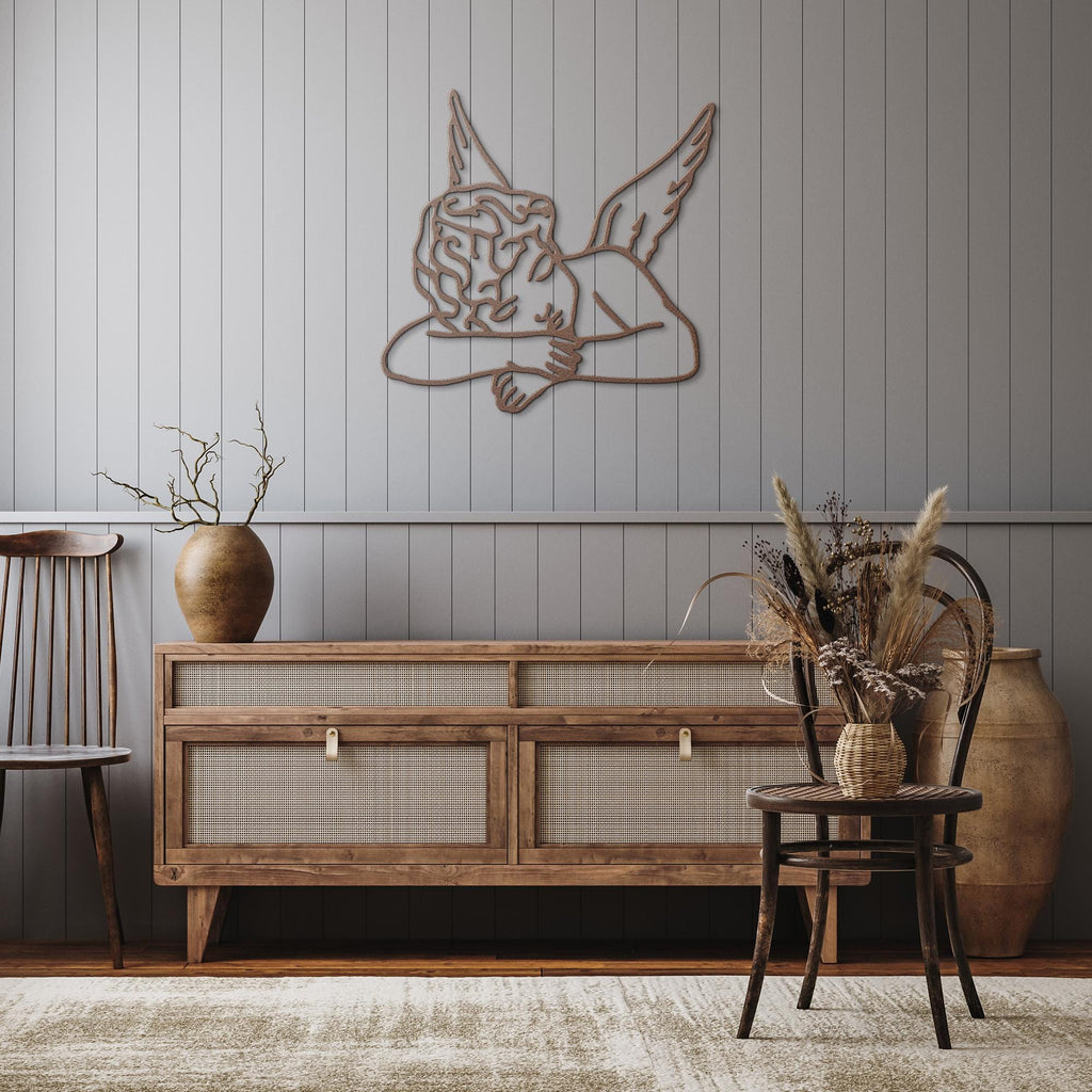 Sleeping Angel Metal Wall Art | Cherub Die-Cut Sign | Ethereal Line Art Home Decor