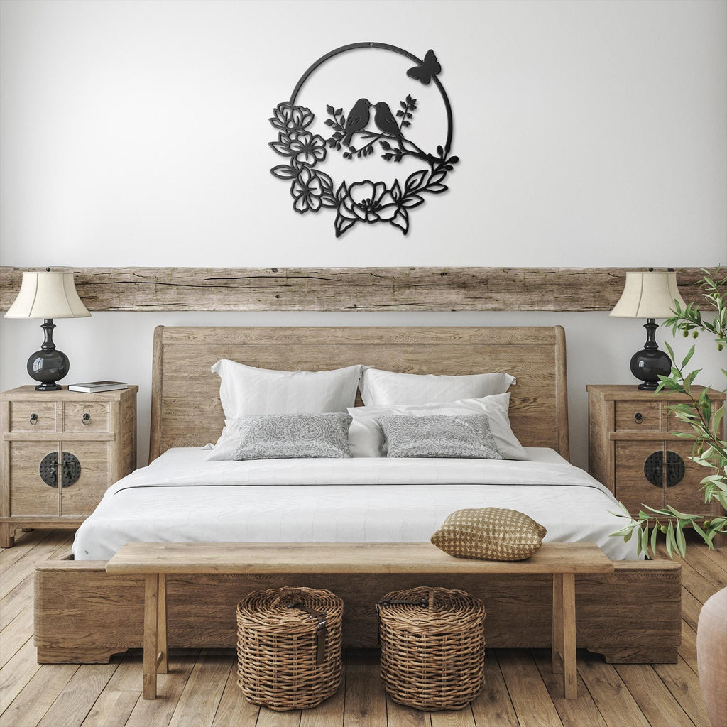 Love Birds Metal Wall Art, Floral Wreath Sign, Anniversary Gift, Nursery Bird Wall Decor