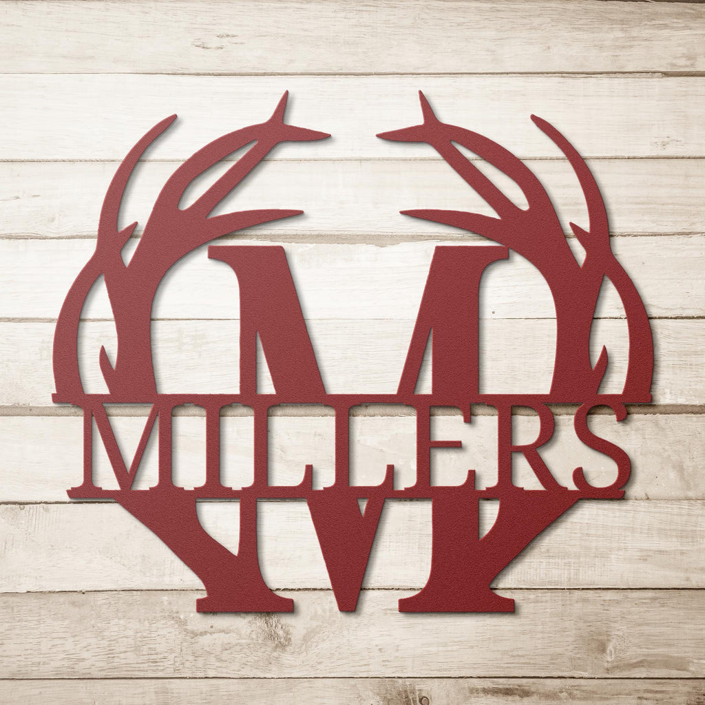 Custom Antler Monogram Metal Sign, Personalized Family Last Name Plaque, Rustic Wall Art