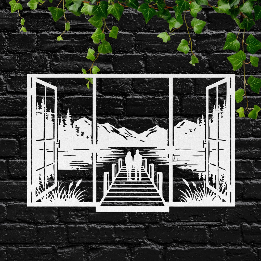 Couple on Dock Metal Wall Art, Lake House Window Decor, Romantic Mountain Sign, Love Gift