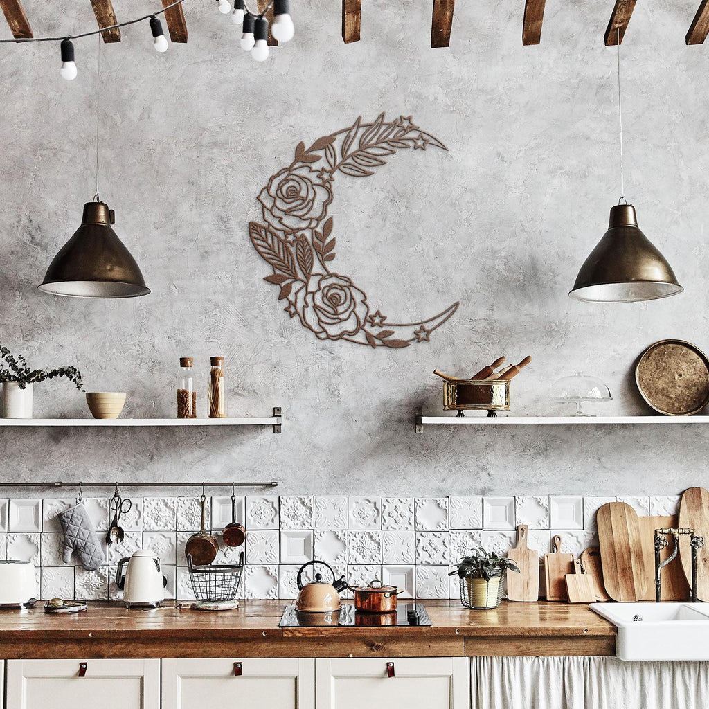 Floral Crescent Moon Metal Wall Art | Rose and Stars Witchy Decor | Boho Nursery Bedroom Sign