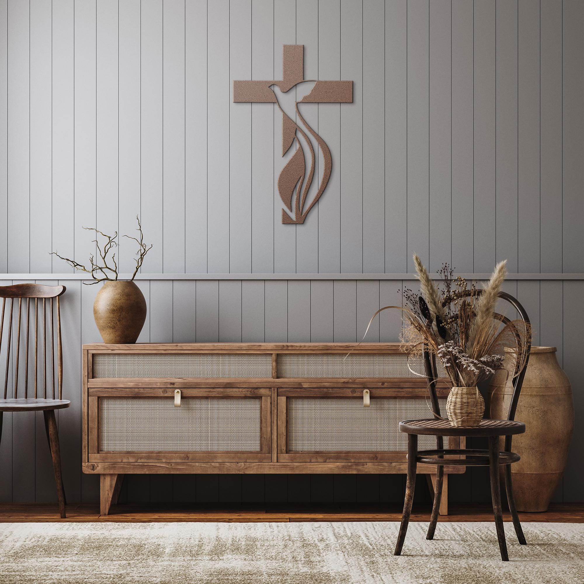 Cross Dove Metal Sign | Holy Spirit Christian Wall Art | Religious Symbol Silhouette | Baptism or Confirmation Gift