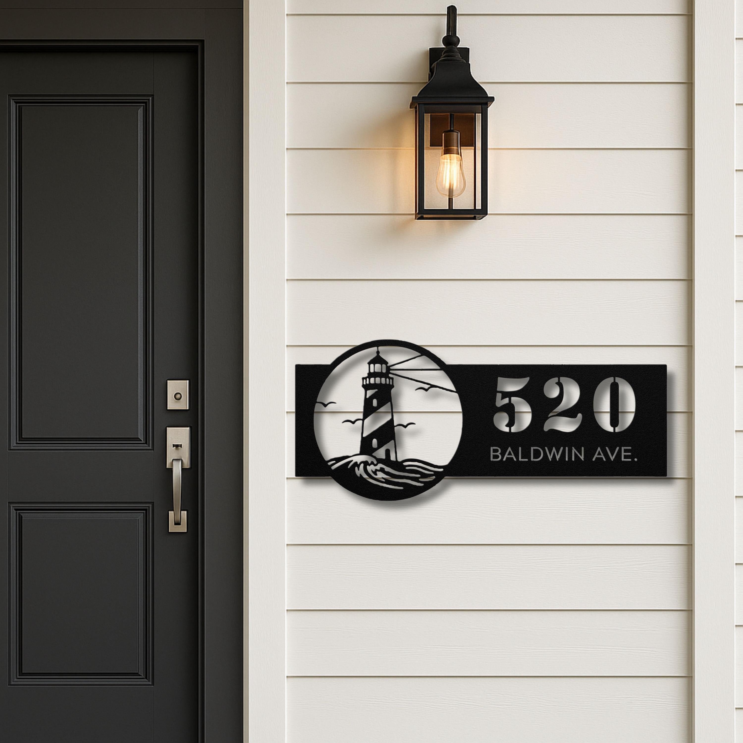 Personalized Lighthouse Address Metal Sign | Custom Number and Street Coastal Home Decor | Die-Cut Beach Gift