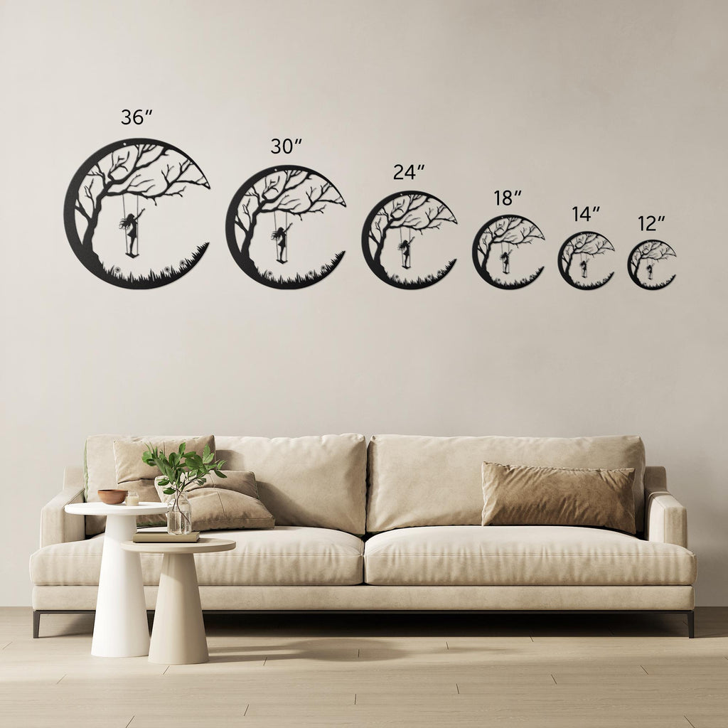 Girl on Swing Metal Wall Art, Crescent Moon Silhouette, Kids Room Decor