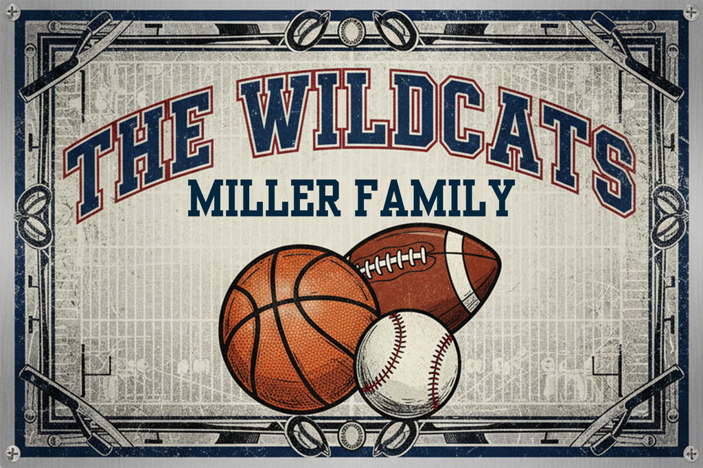 Custom Family Sports Sign - The Wildcats Metal Wall Art - Basketball Football Baseball Balls