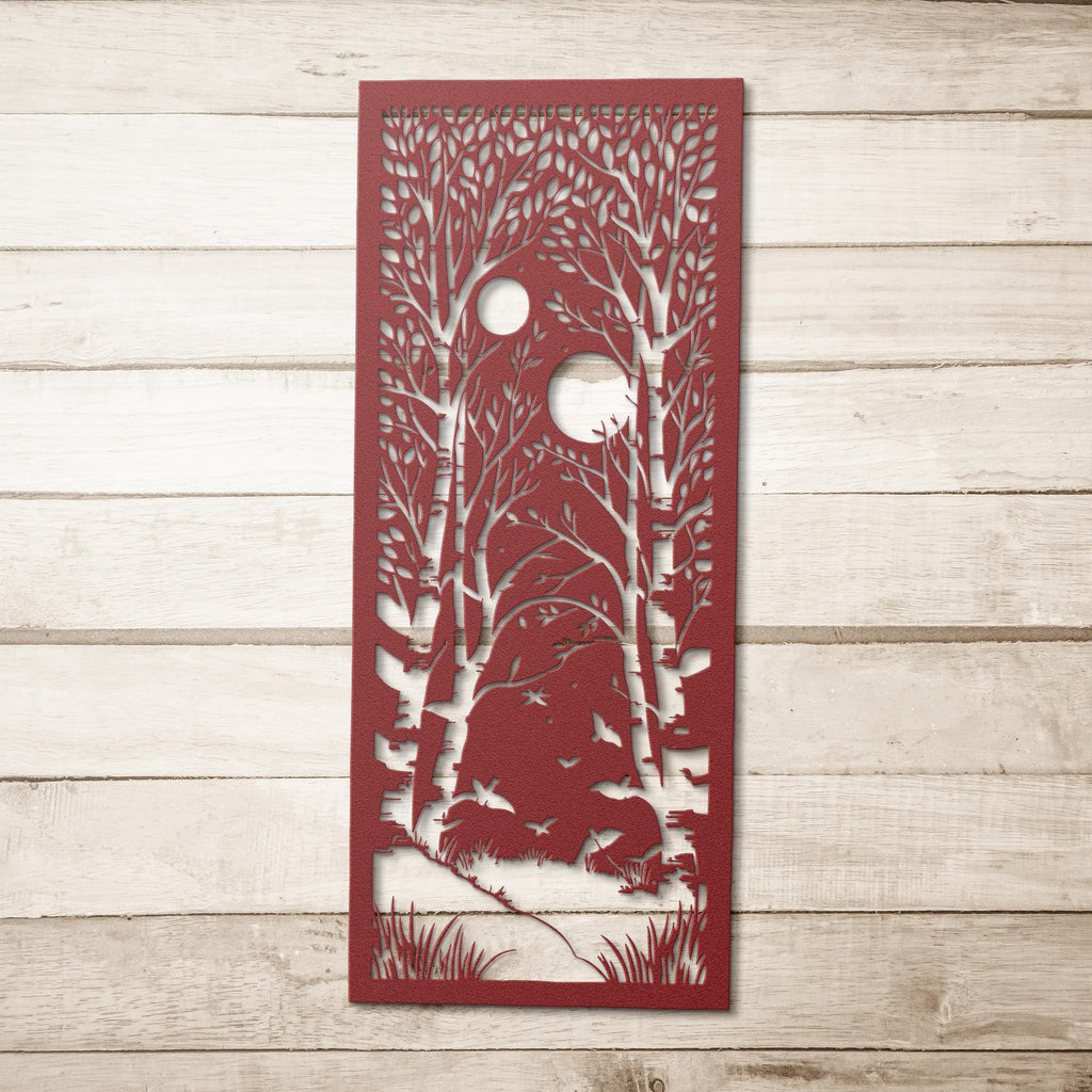 Birch Forest Metal Wall Art, Double Moon Night Scene, Tree Landscape Sign, Nature Decor
