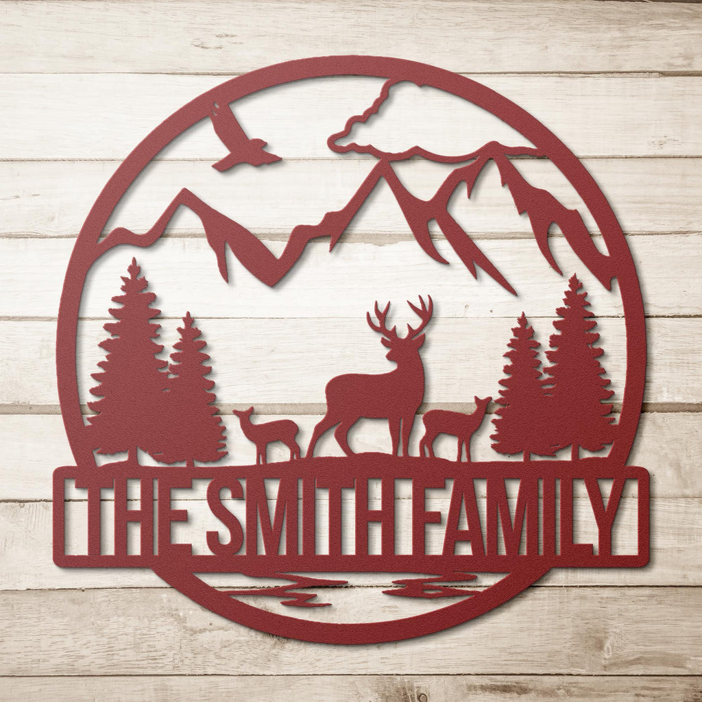 Personalized Family Name Metal Art, Mountain Deer Cabin Decor