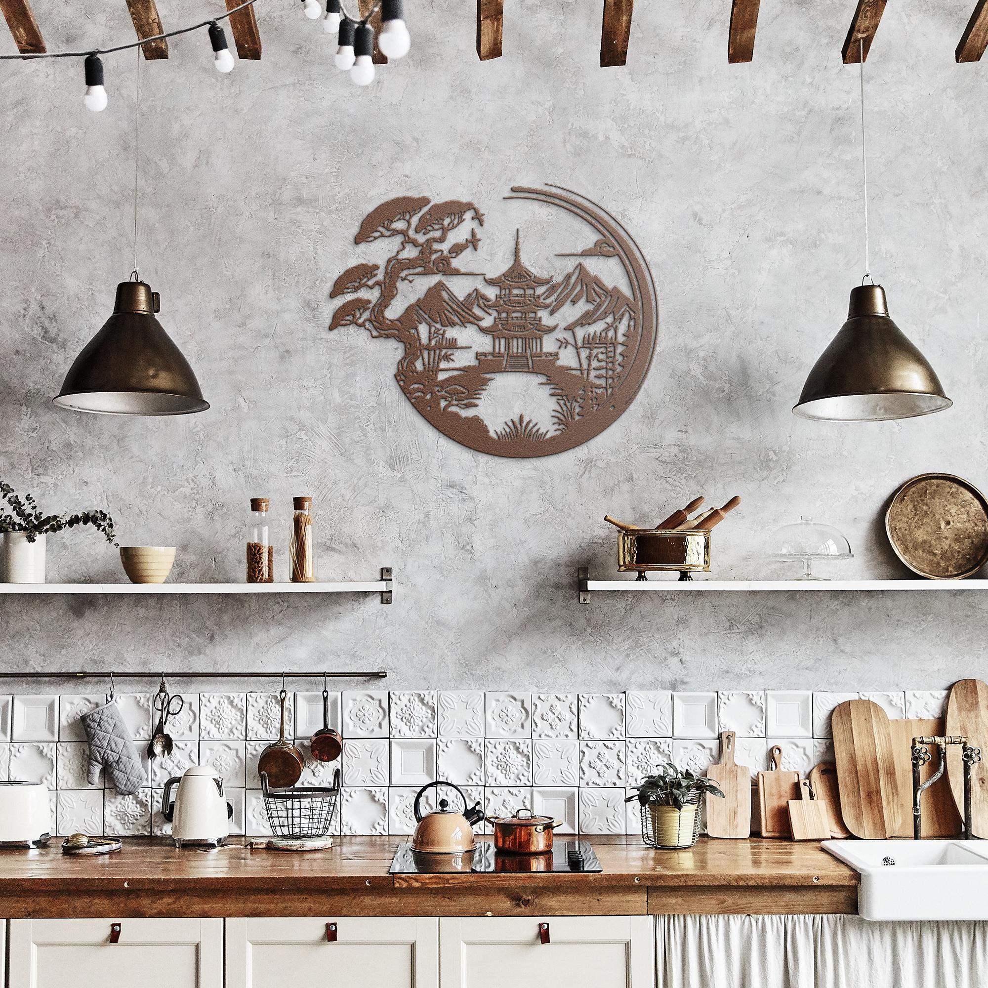 Japanese Pagoda Metal Wall Art: Zen Bonsai Landscape Decor