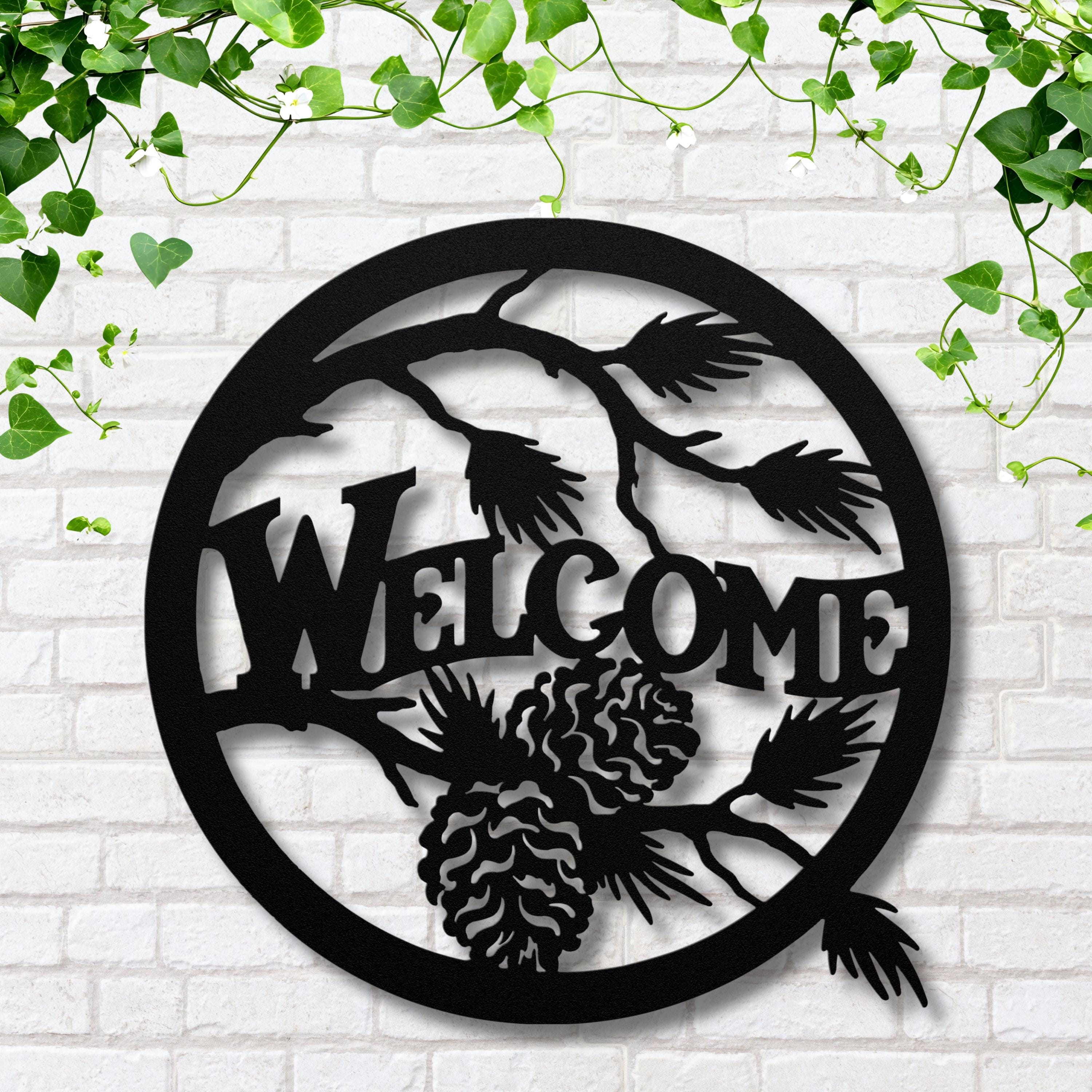 Rustic Welcome Pinecone Metal Sign, Cabin Forest Decor, Pine Branch Door Sign