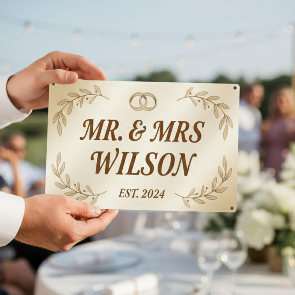 Personalized Metal Sign - Custom Wedding Sign With Couple Name Plaque & Gold Leaf Accents
