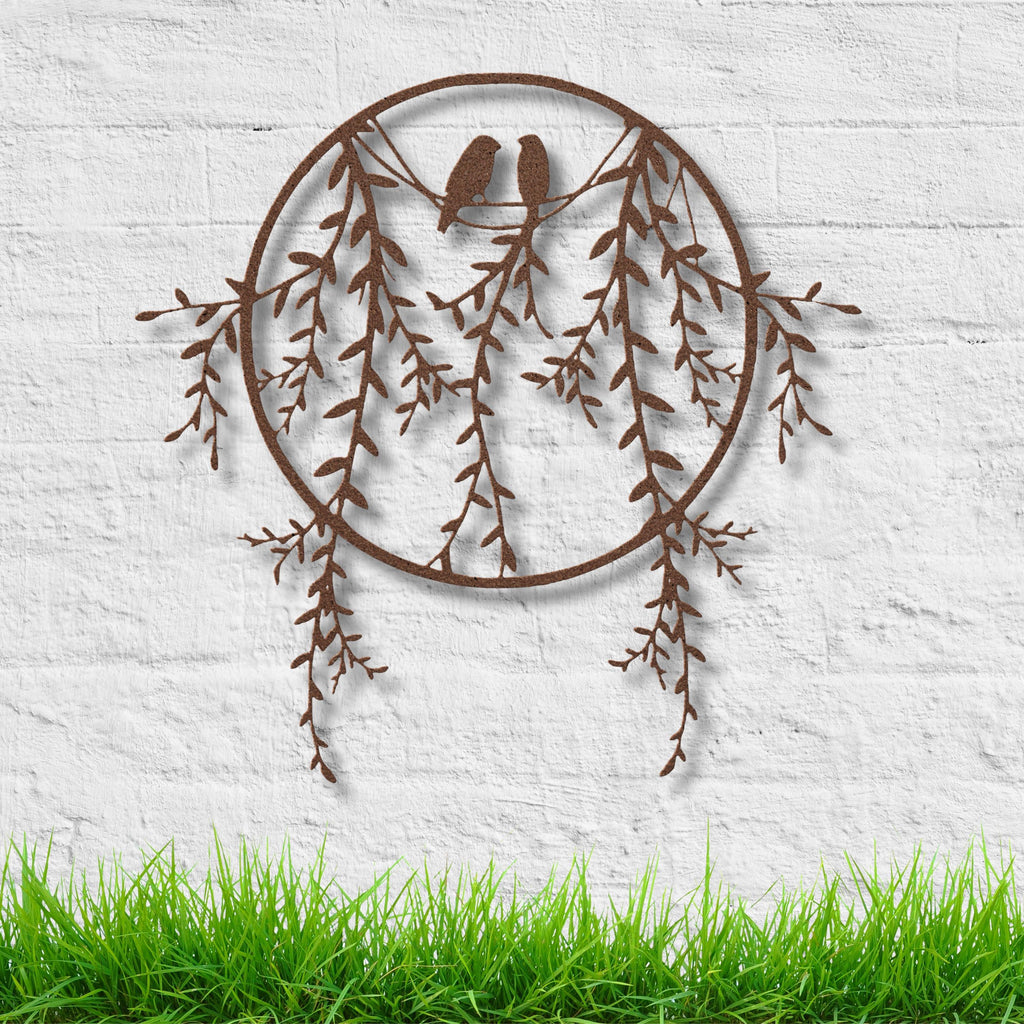 Birds On Branch Metal Art - Willow Tree Wall Decor With Love Bird Silhouette