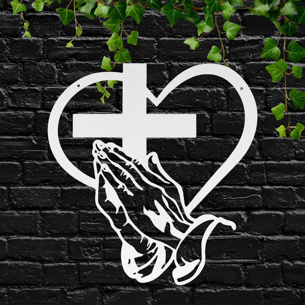 Praying Hands Metal Art – Religious Metal Sign | Christian Wall Decor & Heart Cross