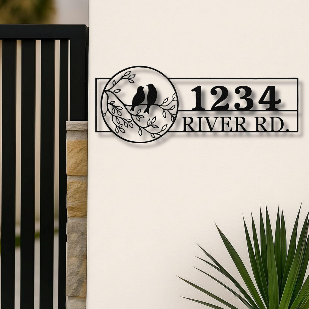 Personalized Address Sign Love Birds | Custom House Number & Street Name Metal Art | Outdoor Die Cut Home Gift