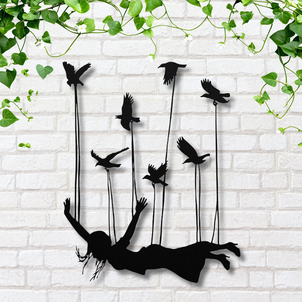 Surreal Woman Flying with Birds Metal Art, Inspirational Wall Sign, Freedom Home Decor
