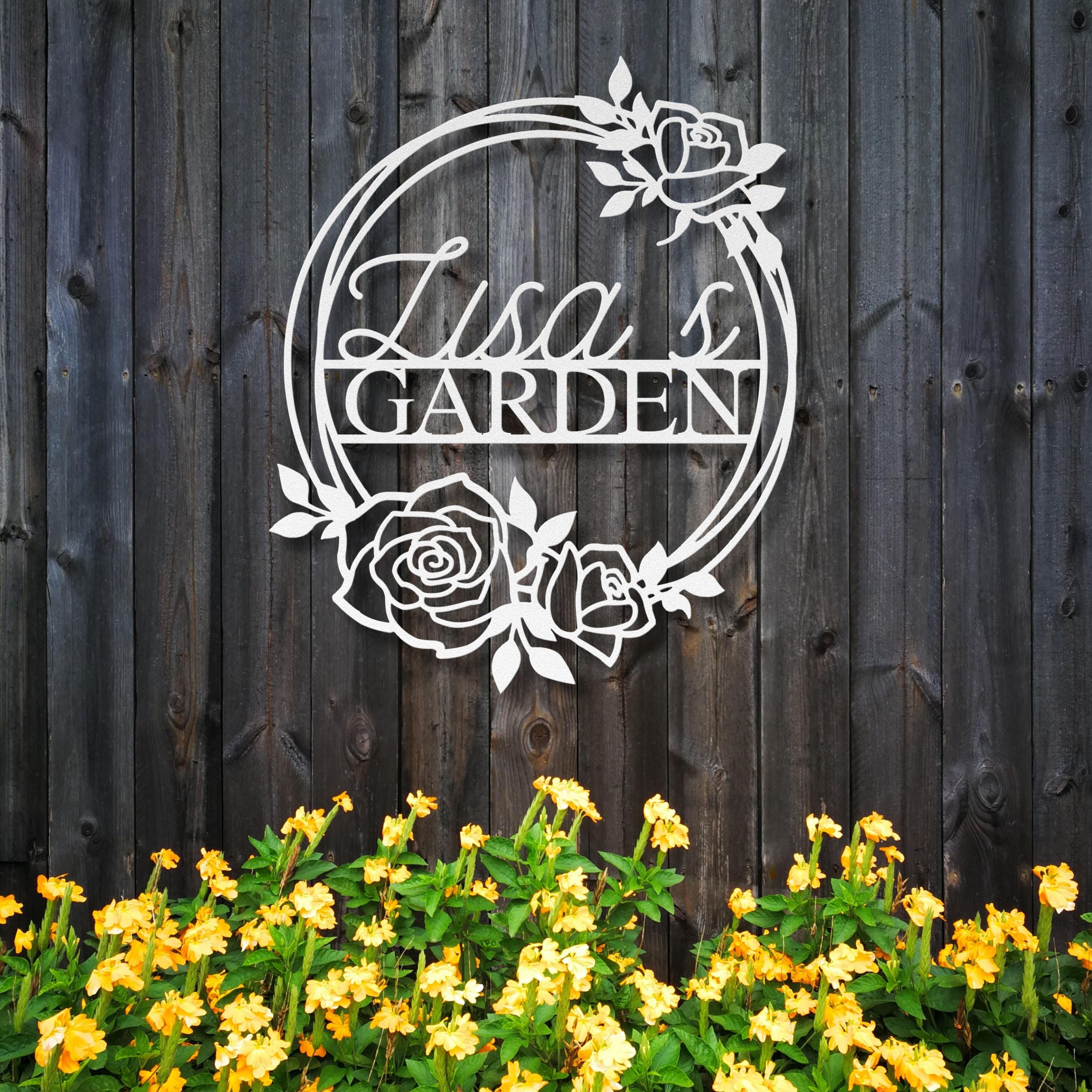 Personalized Rose Garden Metal Sign, Custom Name Plaque, Floral Wreath Decor