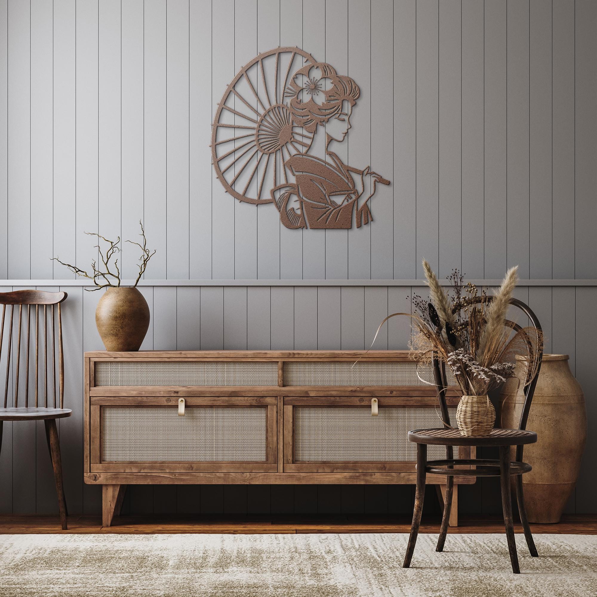 Geisha Metal Die-Cut Sign | Japanese Wall Art | Woman with Umbrella Silhouette | Elegant Asian Home Decor | Laser Cut Art