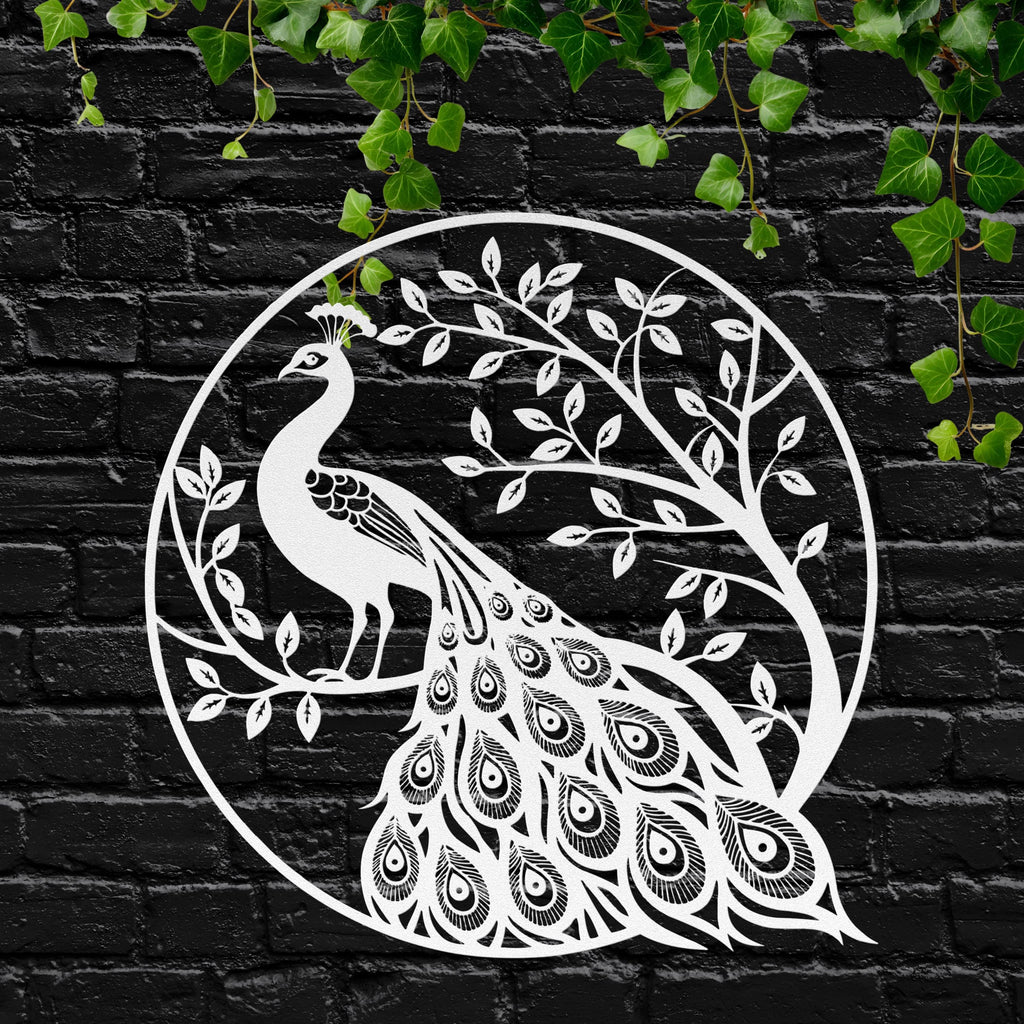 Peacock Metal Wall Art, Die Cut Bird on Tree Silhouette