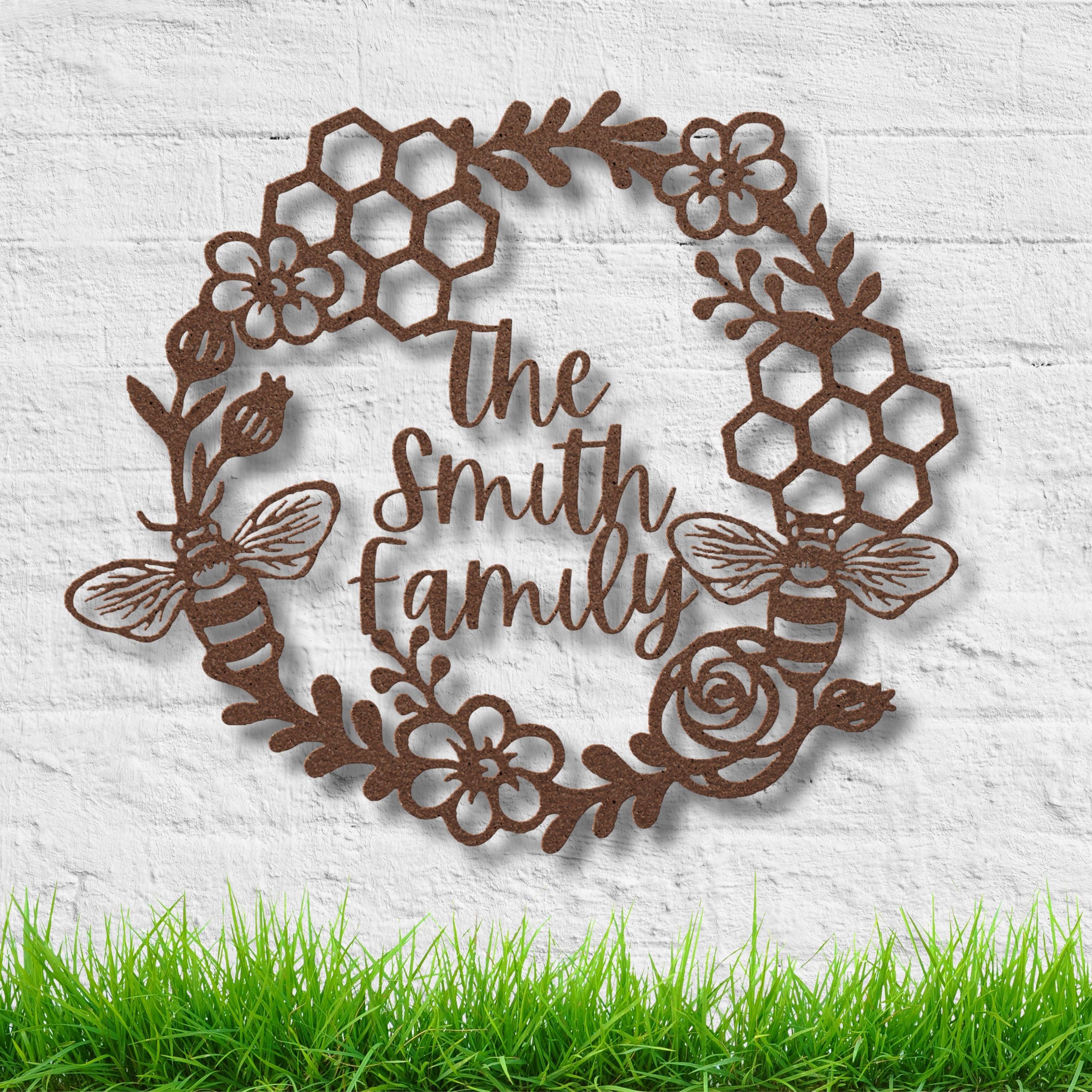 Personalized Bee Family Name Sign, Honeycomb Metal Wreath, Die Cut Gift