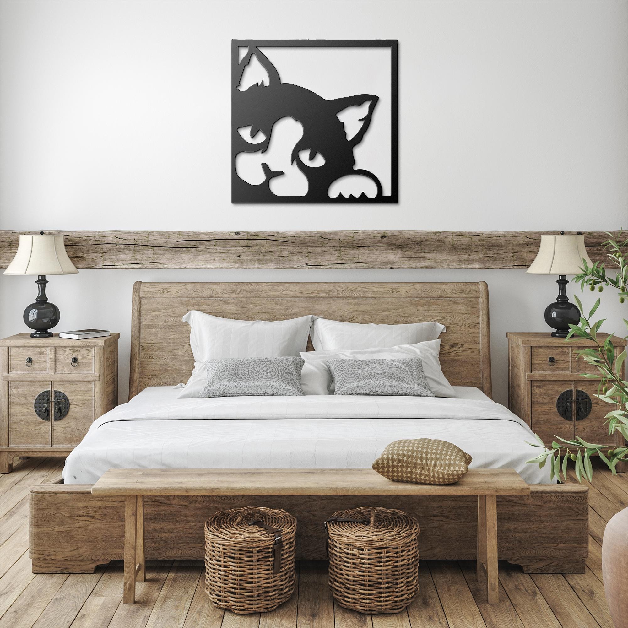 Peeking Cat Wall Art | Modern Animal Artwork - Black Cat Metal Sign Gift