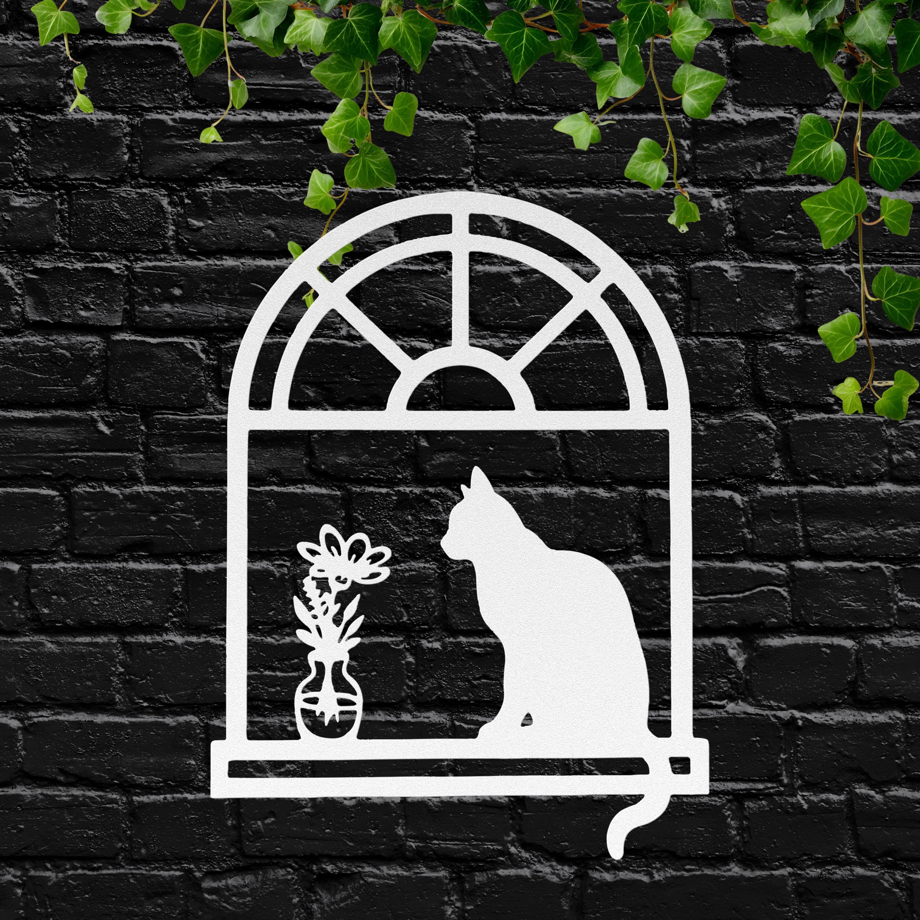 Cat Silhouette Metal Sign – Unique Die Cut Metal Wall Art with Kitten on Window Sill