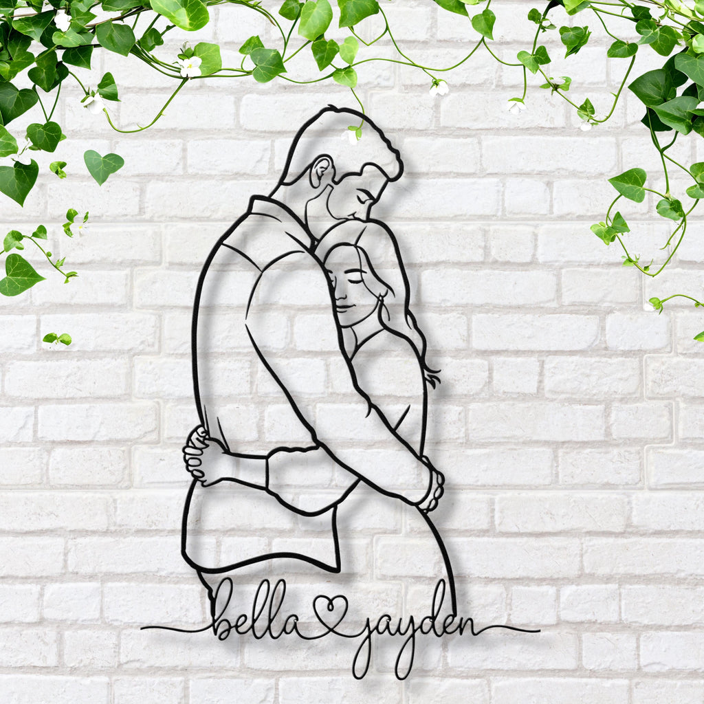 Custom Metal Sign – Personalized Couple Hug Silhouette | Unique Wedding Gift