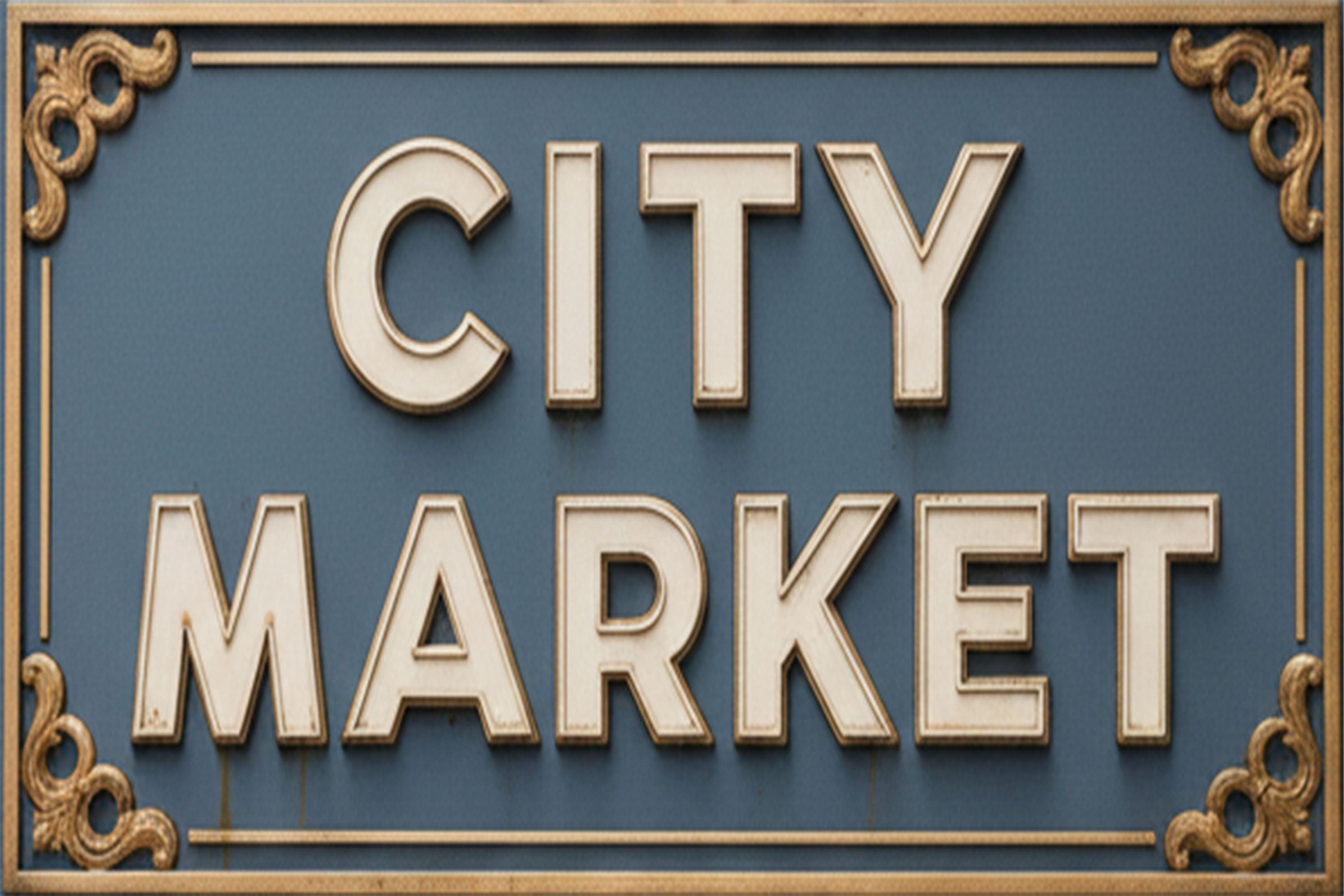 City Market Metal Sign, Vintage Farmers Market Wall Art, Retro Grocery Store Signage, Blue and Gold Decor, Town Square Plaque