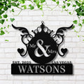 Personalized Wedding Sign, Mr & Mrs Monogram, Custom Last Name Metal Art, Crown Heart Die Cut