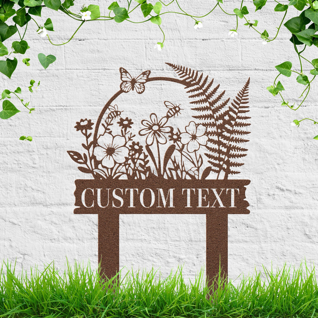 Die-Cut Meadow Flower Garden Sign, Personalized Butterfly & Bee Metal Stake, Custom Text Pollinator Patch Marker, Gardener Gift