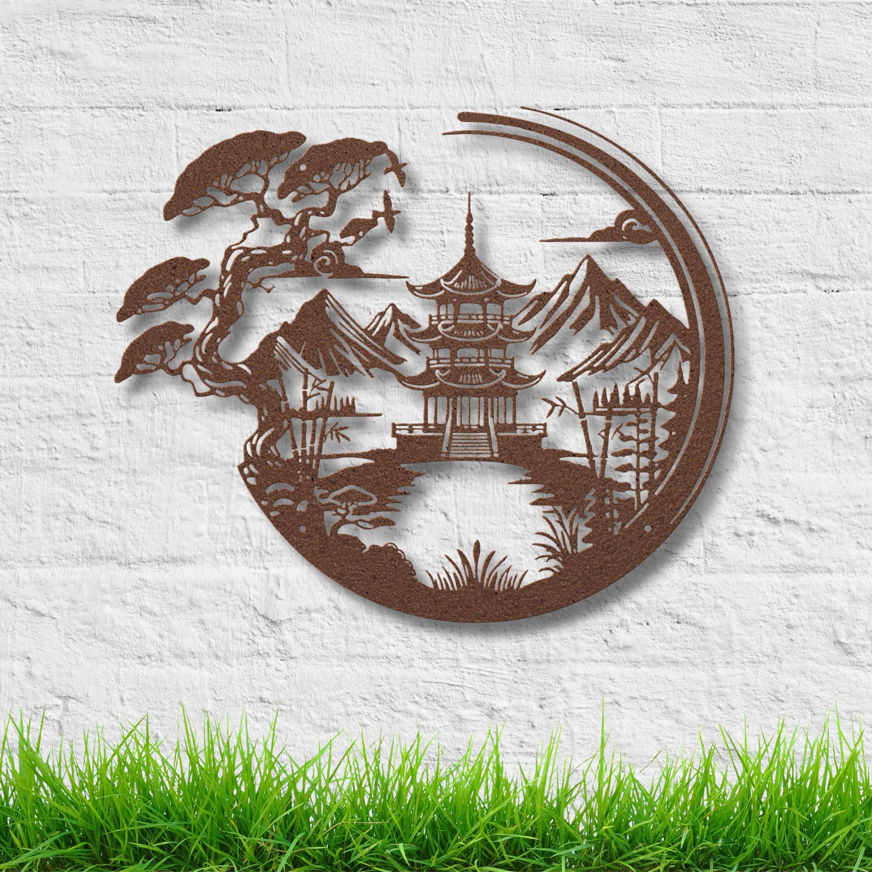 Japanese Pagoda Metal Wall Art: Zen Bonsai Landscape Decor
