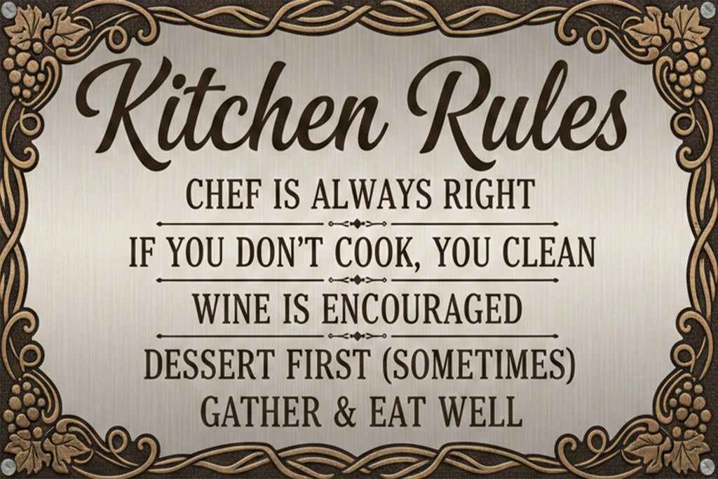 Funny Kitchen Rules Metal Sign - Chef Wine Dessert Art, Rustic Farmhouse Kitchen Decor, Funny Cooking Wall Hanging, Unique Chef Gift