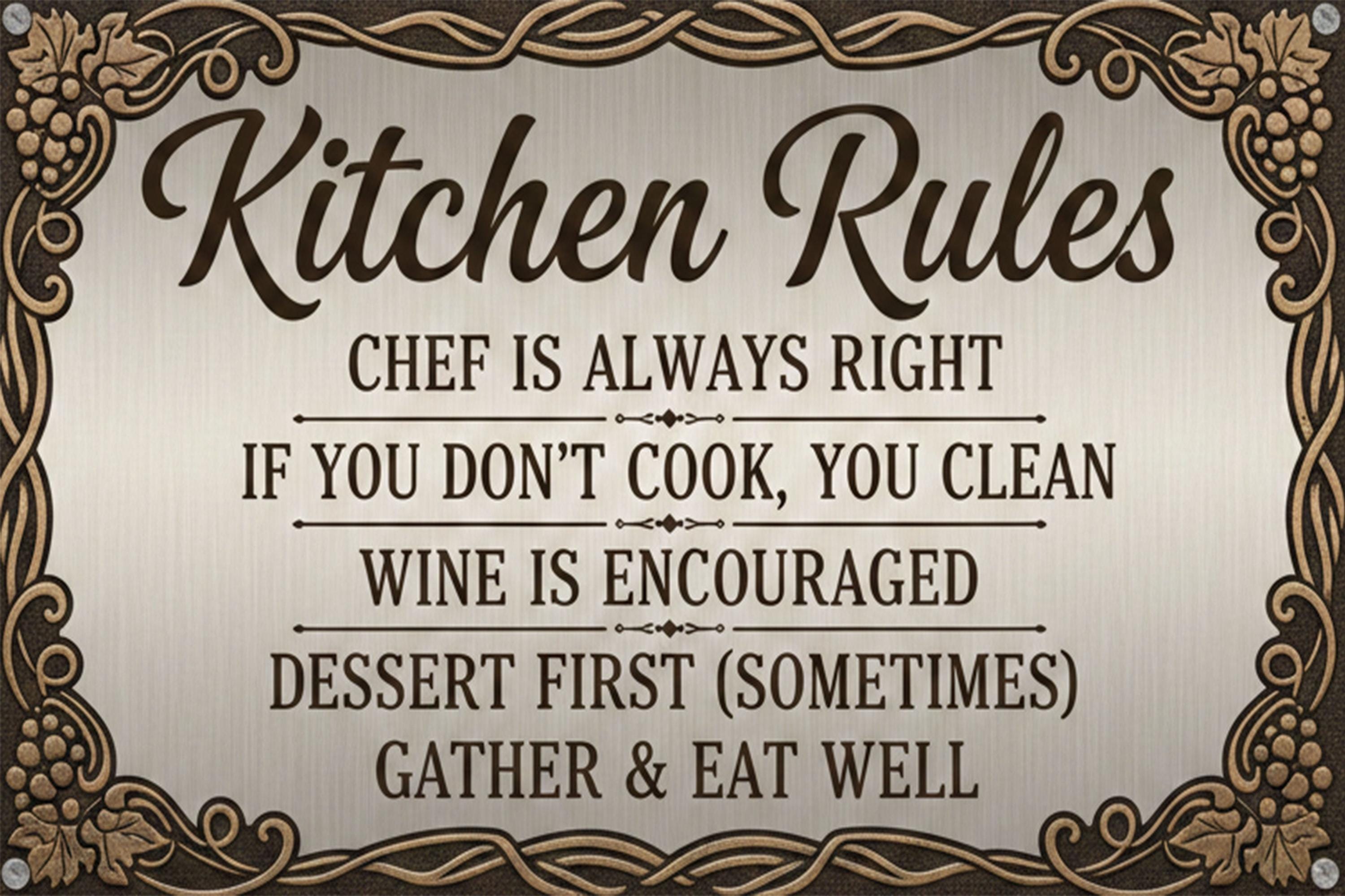 Funny Kitchen Rules Metal Sign - Chef Wine Dessert Art, Rustic Farmhouse Kitchen Decor, Funny Cooking Wall Hanging, Unique Chef Gift