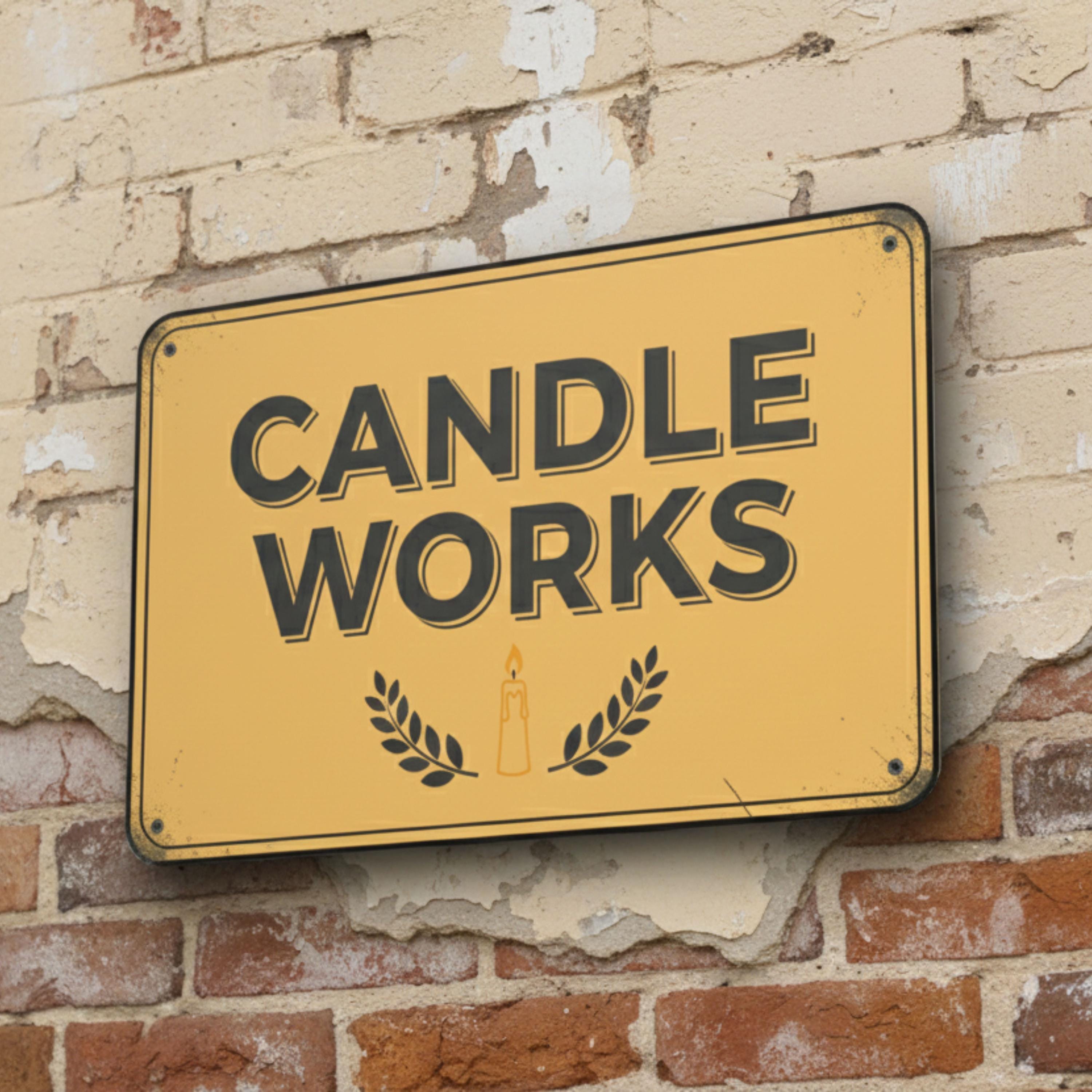 Modern Candle Works Sign, Handmade Wax Art Studio Metal Plaque, Black Yellow Decor Gift