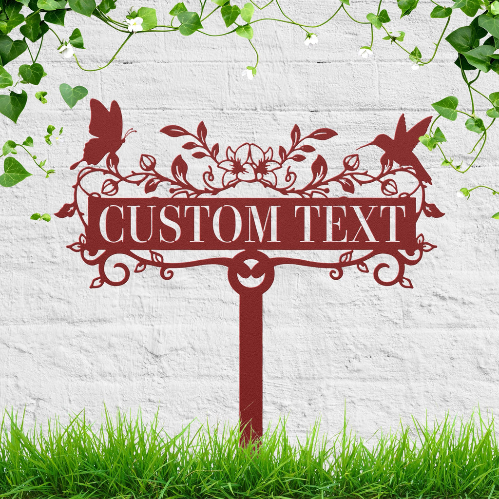 Hummingbird Butterfly Metal Garden Stake, Personalized Die-Cut Custom Text Plaque, Nature Memorial Marker, Flower Garden Art