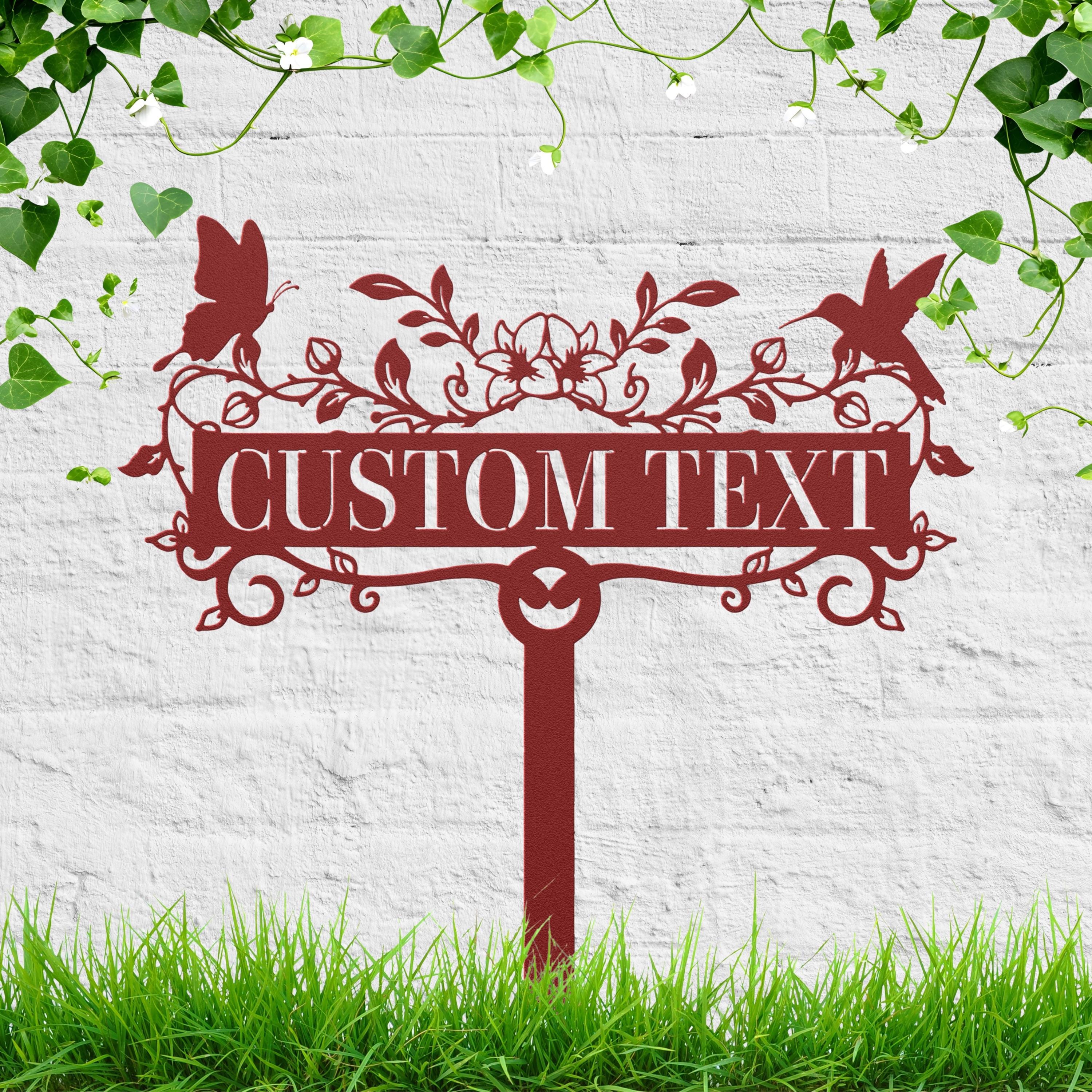 Hummingbird Butterfly Metal Garden Stake, Personalized Die-Cut Custom Text Plaque, Nature Memorial Marker, Flower Garden Art