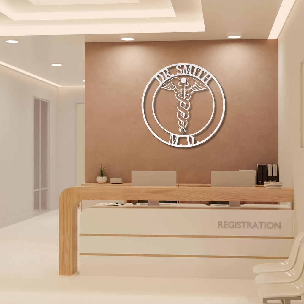 Personalized Metal Sign | Custom Doctor Sign with Steel Caduceus Emblem & Medical Office Decor