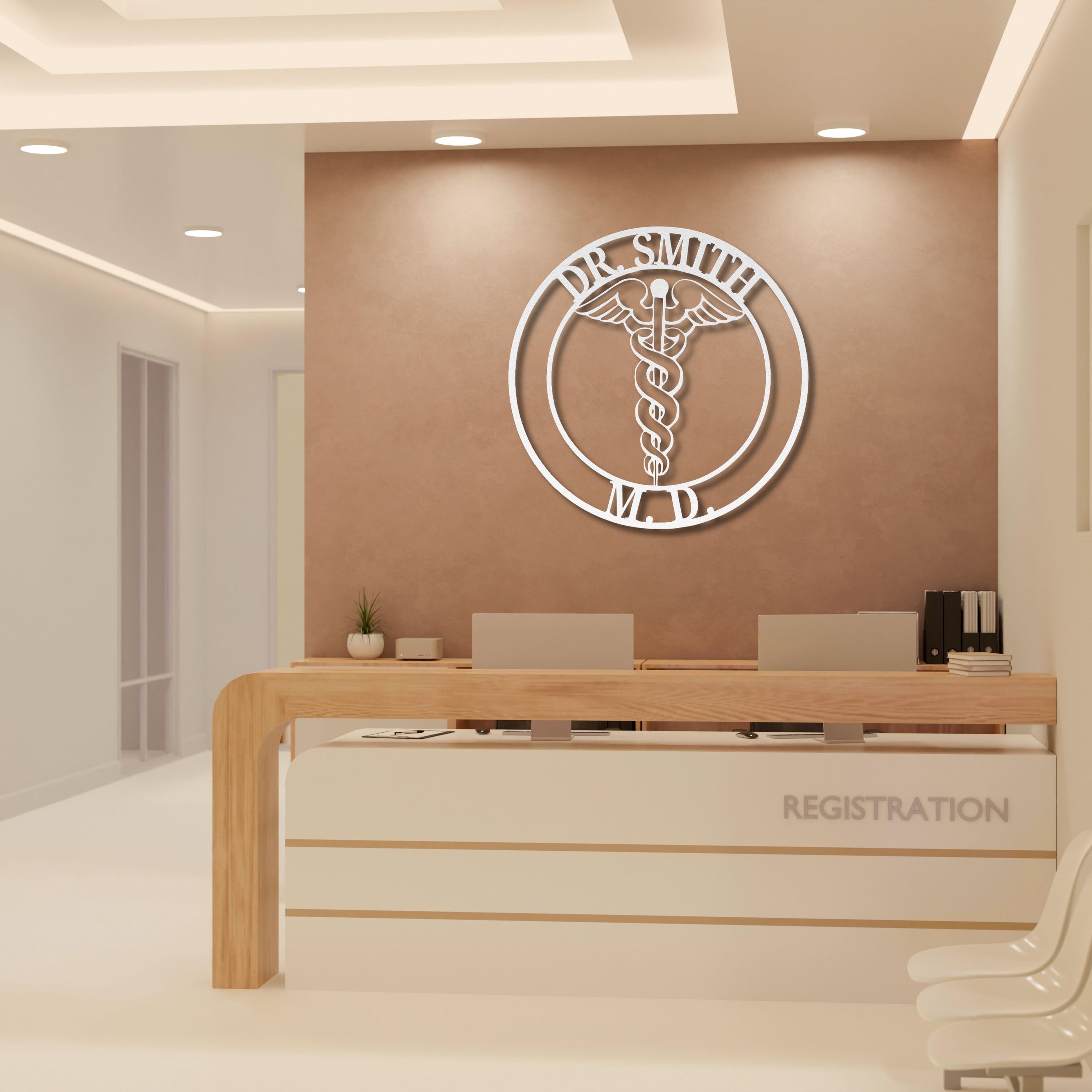 Personalized Metal Sign | Custom Doctor Sign with Steel Caduceus Emblem & Medical Office Decor