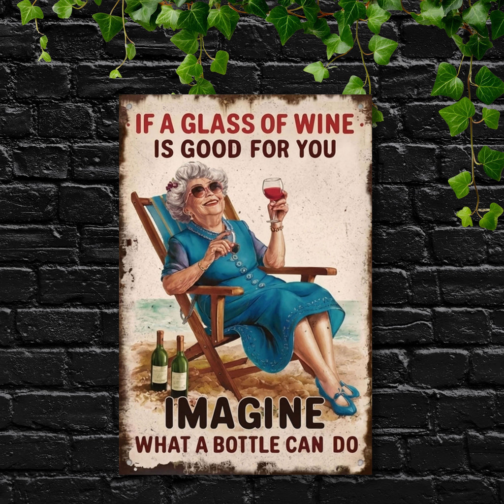 Funny Wine Metal Sign, Retro Woman Beach Wall Art, Kitchen Decor, Wine Lover Gift