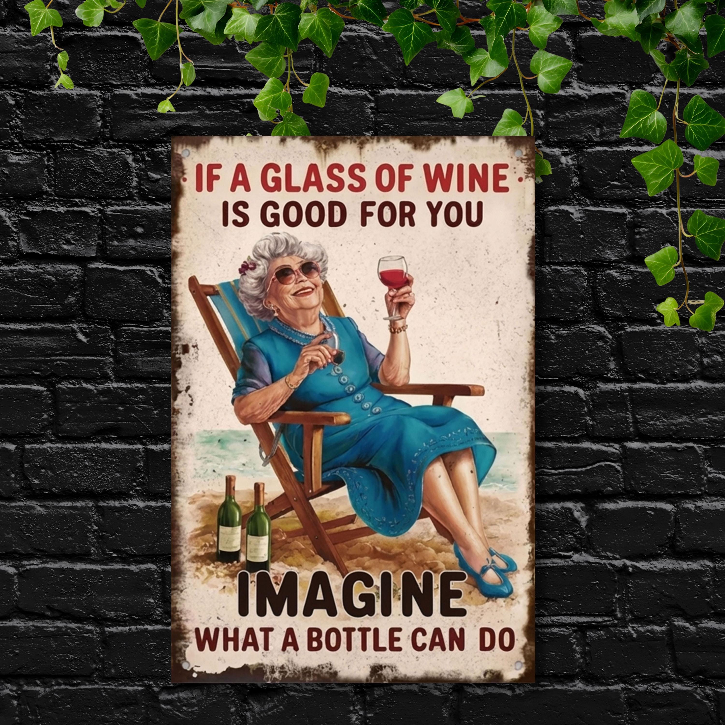 Funny Wine Metal Sign, Retro Woman Beach Wall Art, Kitchen Decor, Wine Lover Gift