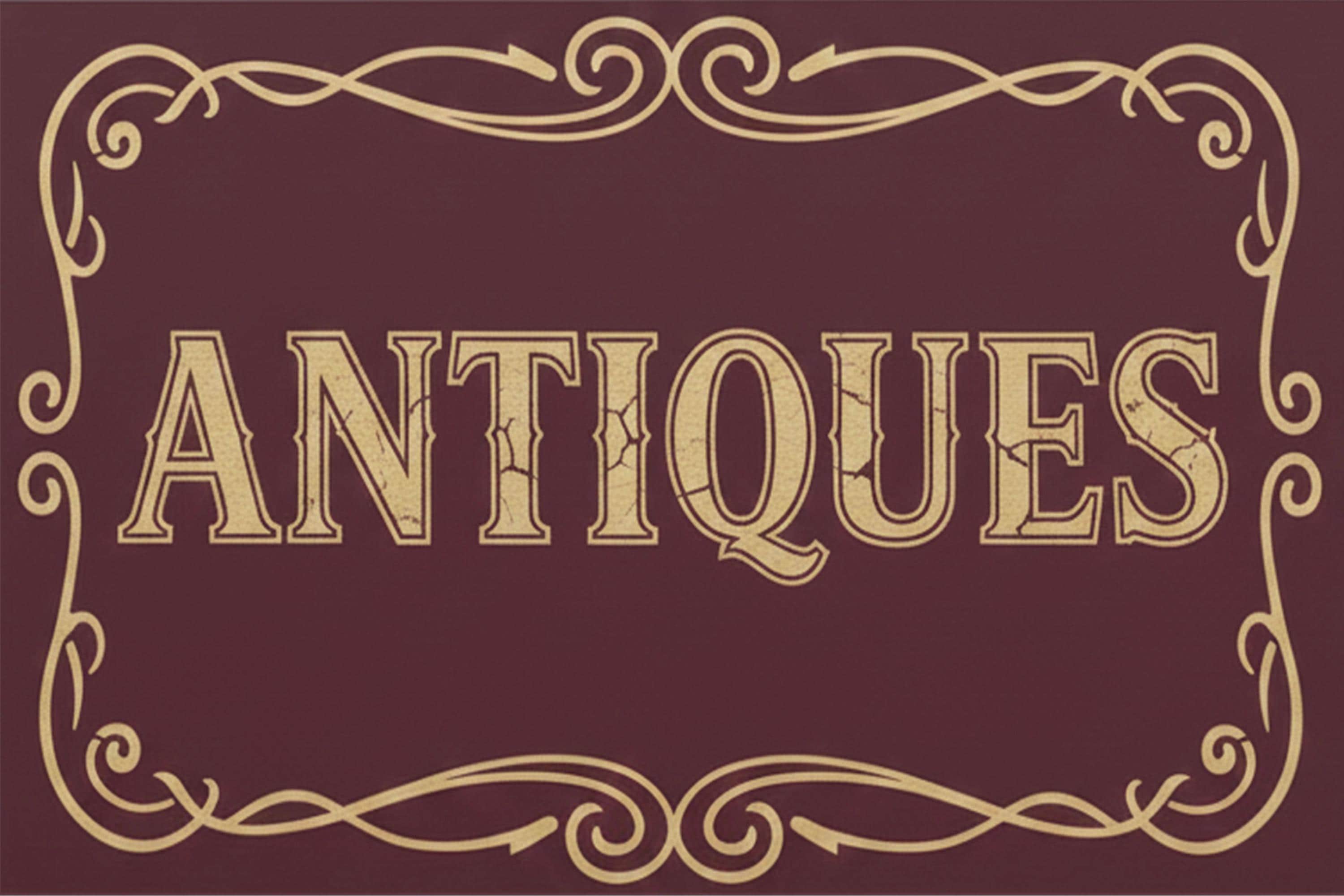 Vintage Antiques Metal Sign, Rustic Shop Wall Decor, Maroon Antique Store Art, Distressed Look
