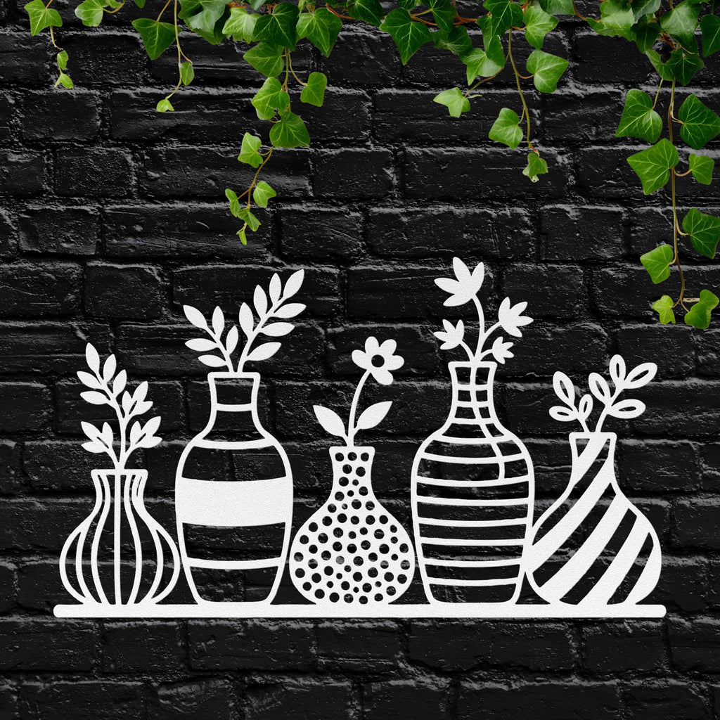 Flower Vases on Shelf Metal Wall Art | Modern Floral Decor | Minimalist Farmhouse Sign | Botanical Die Cut Gift