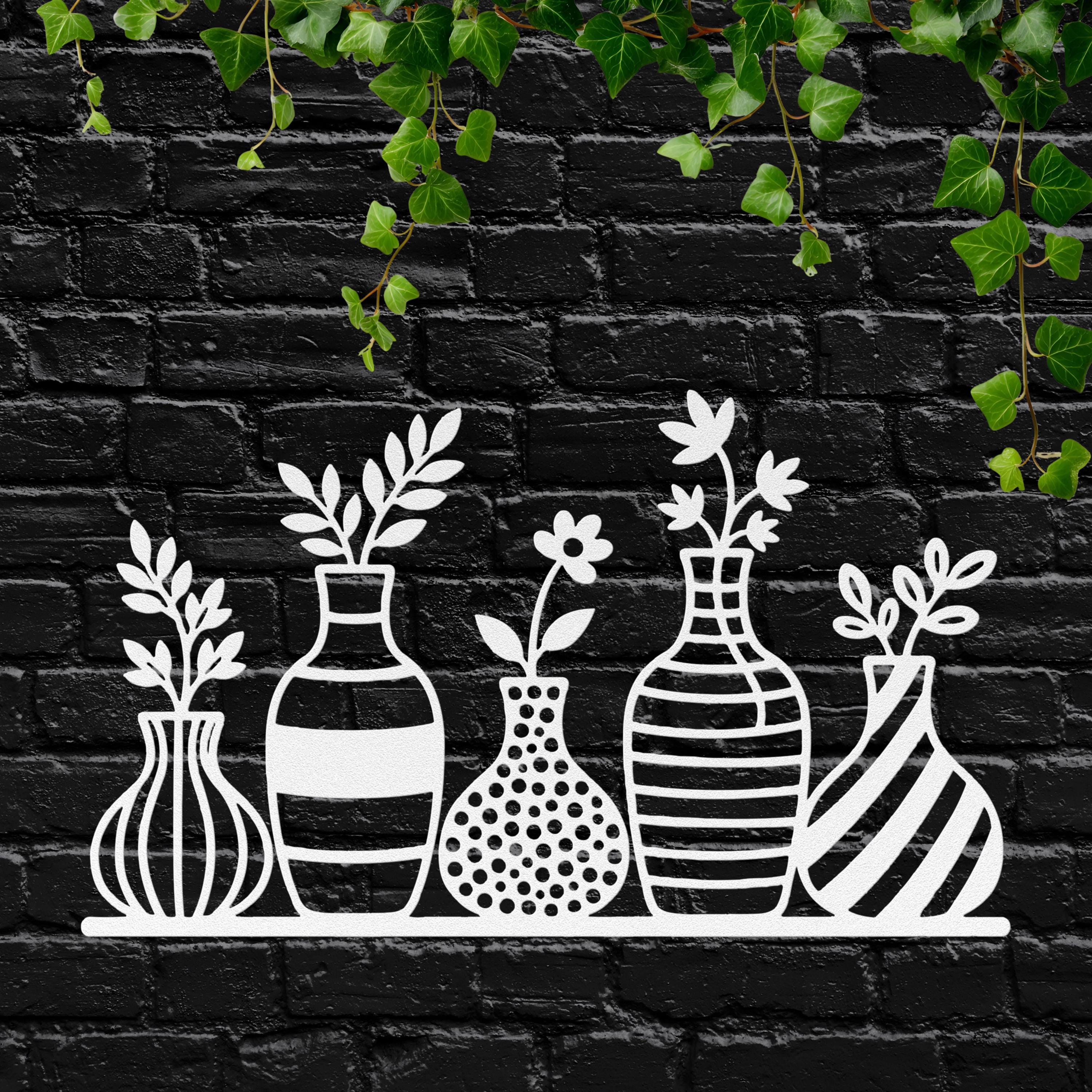 Flower Vases on Shelf Metal Wall Art | Modern Floral Decor | Minimalist Farmhouse Sign | Botanical Die Cut Gift