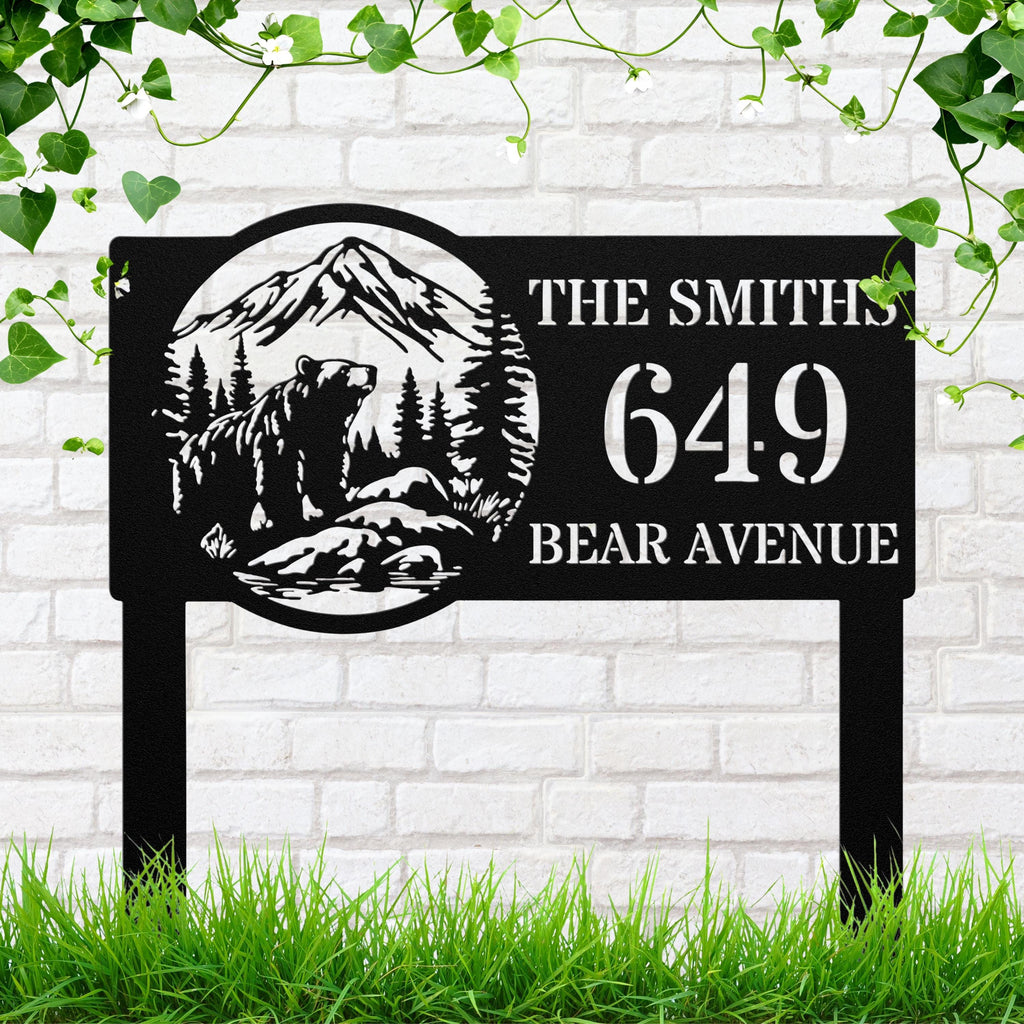 Personalized Metal Sign - Custom Address Sign | Rustic Bear Cabin Plaque