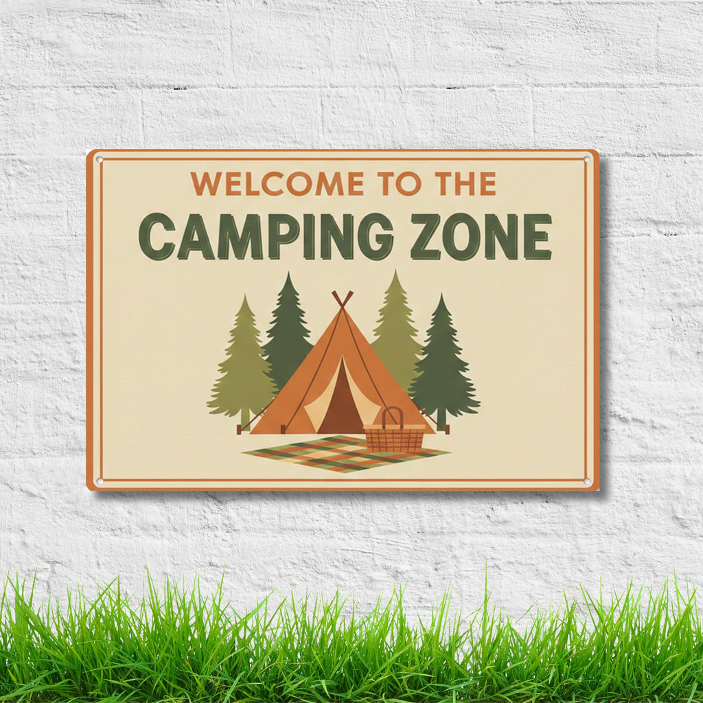 Welcome To The Camping Zone Metal Sign, Retro Camper Decor, Tent Life Wall Art, Cabin
