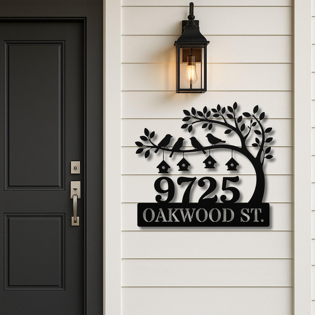 Personalized Metal Address Sign, Custom House Number Plaque, Tree Birdhouse Decor, Street Name Sign