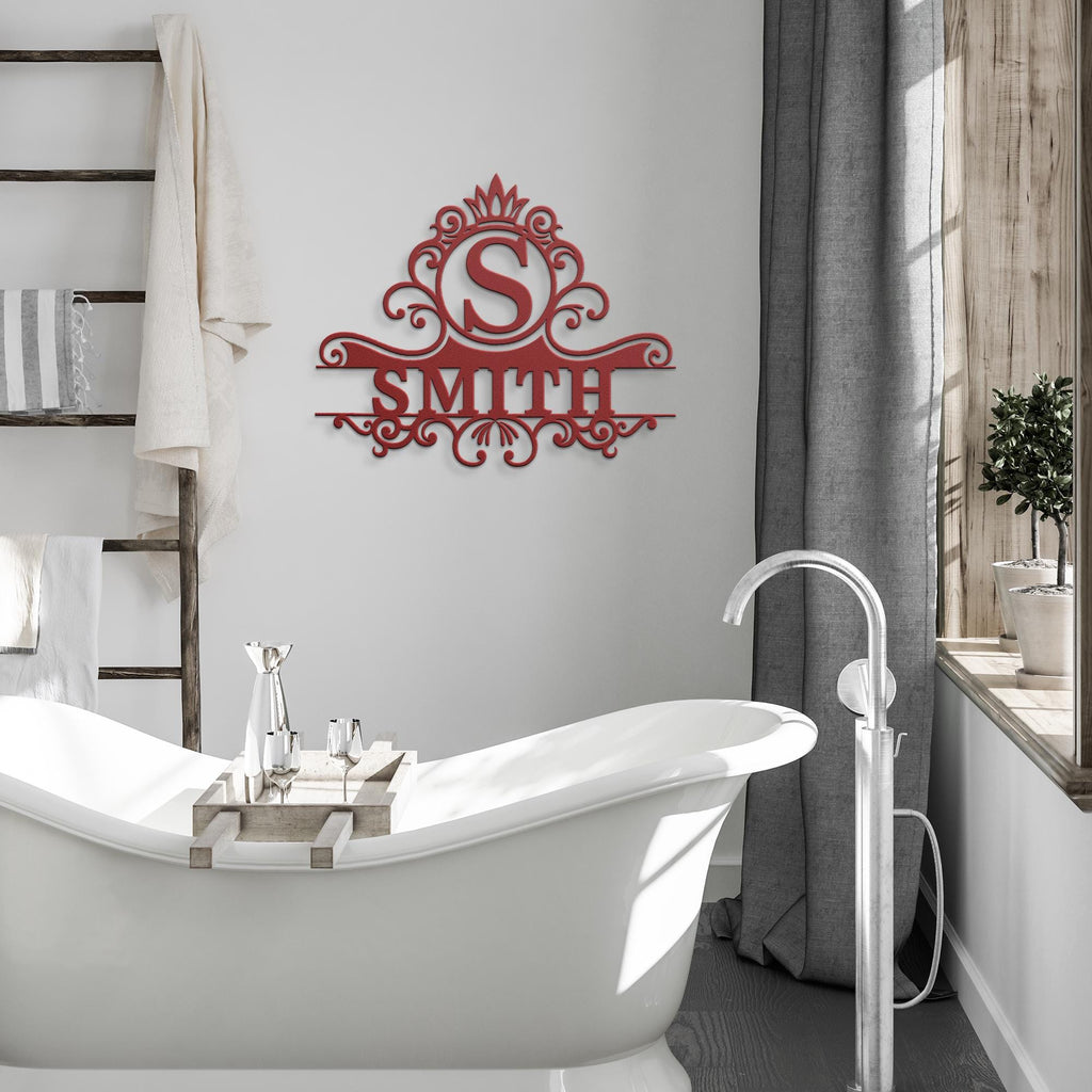 Custom Metal Family Name Sign: Crown Crest Monogram Wedding Gift