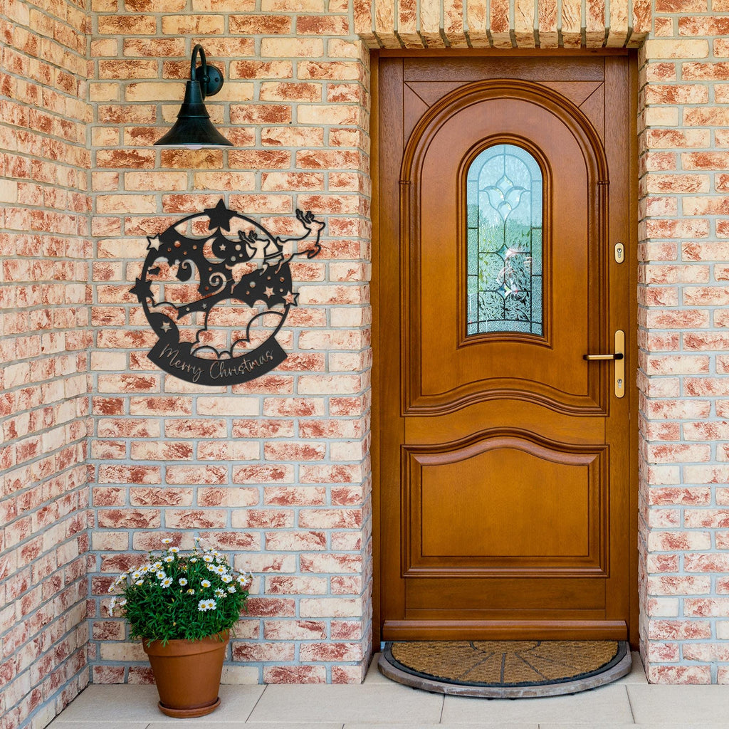 Merry Christmas Snow Globe Metal Sign, Reindeer Winter Wonderland Wall Art, Festive Holiday Die Cut Decor, Xmas Front Door Gift