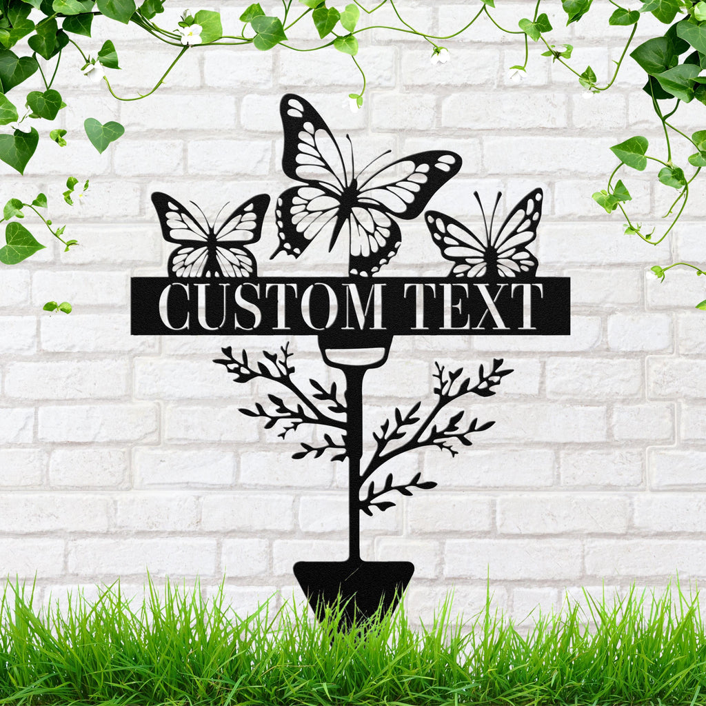Personalized Butterfly Metal Sign, Custom Shovel Garden Stake, Die Cut Yard Art Gift